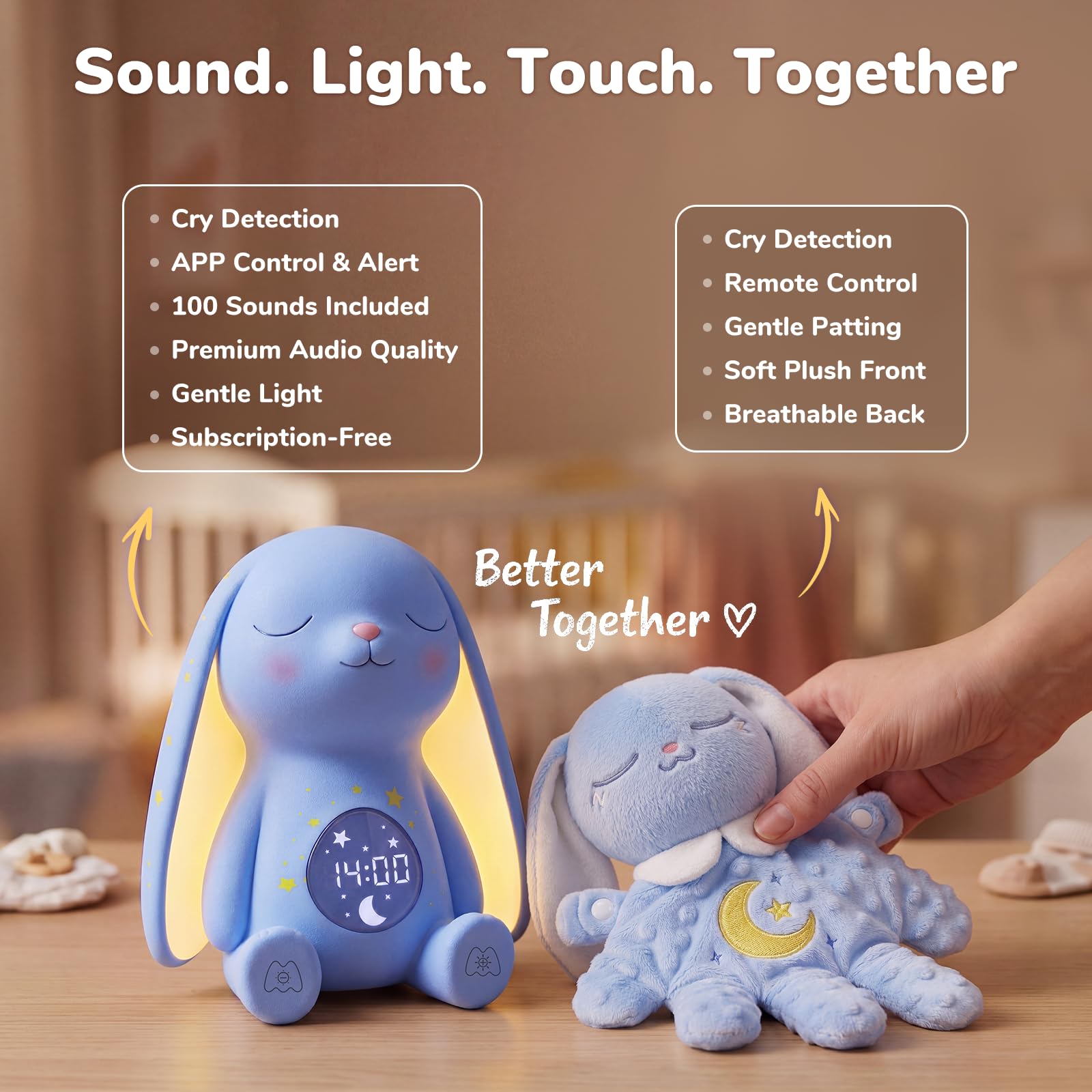 Bunny Baby Comfort Bundle : comprend une machine sonore à bruit blanc (contrôle par application) et une tétine pour bébé (télécommande) avec détection de pleurs avec sons et tapotements doux, cadeaux