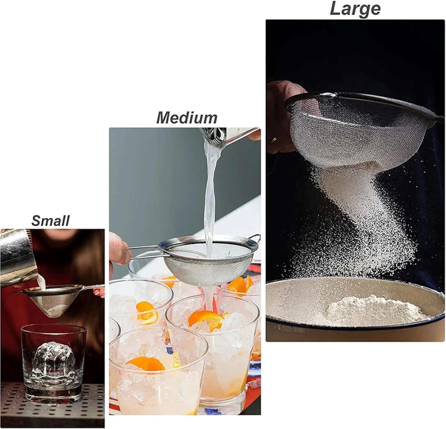 3Pcs Fine Mesh Strainers Set Stainless Steel Food Strainer Oil Flour Sieve Sifter