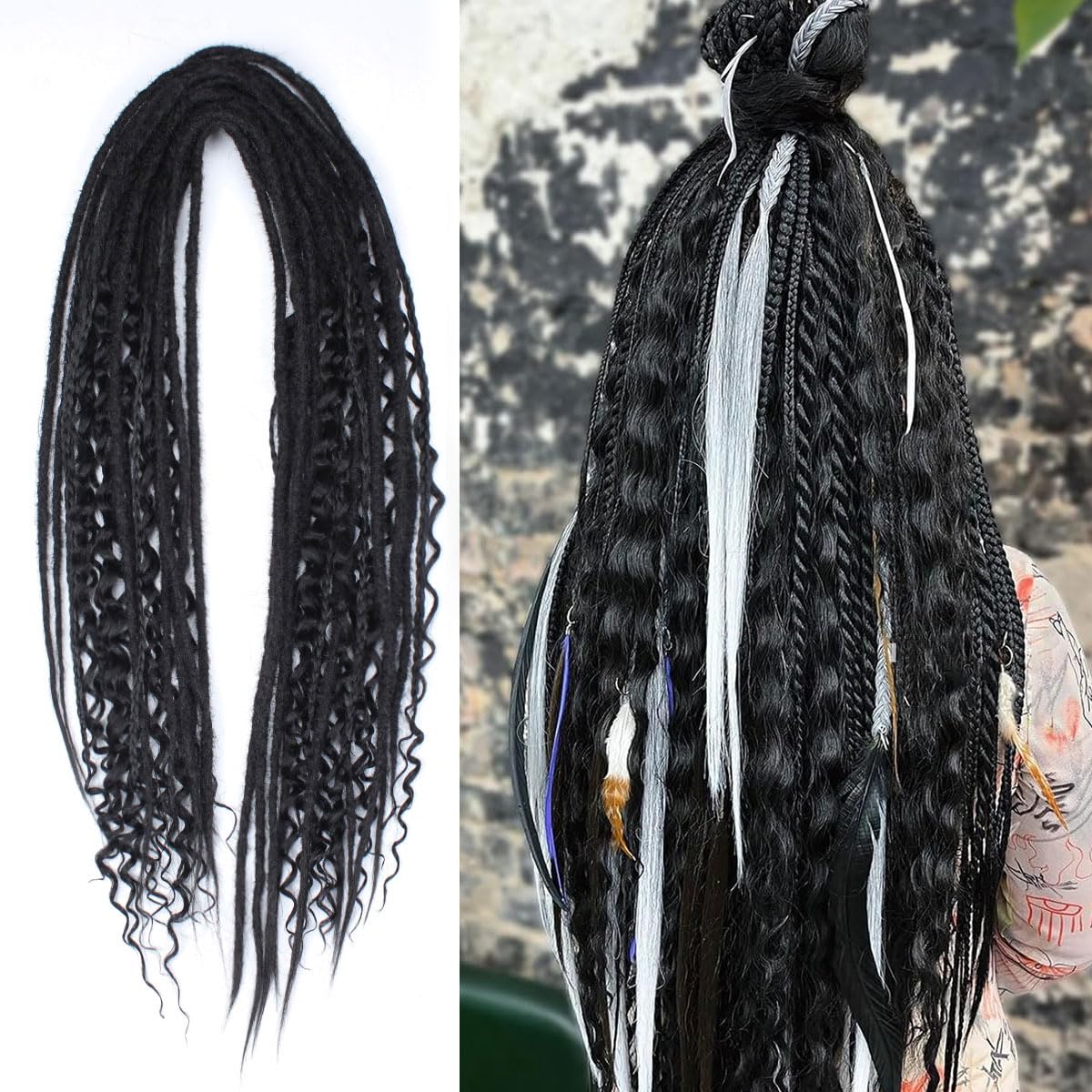 KRALER 24 Inch Mixed DE Dreadlock Extensions Sets, 3 in 1 20 Strands Synthetic Double Ended Dreads Extensions, Black Hippie Crochet Dreads Style for