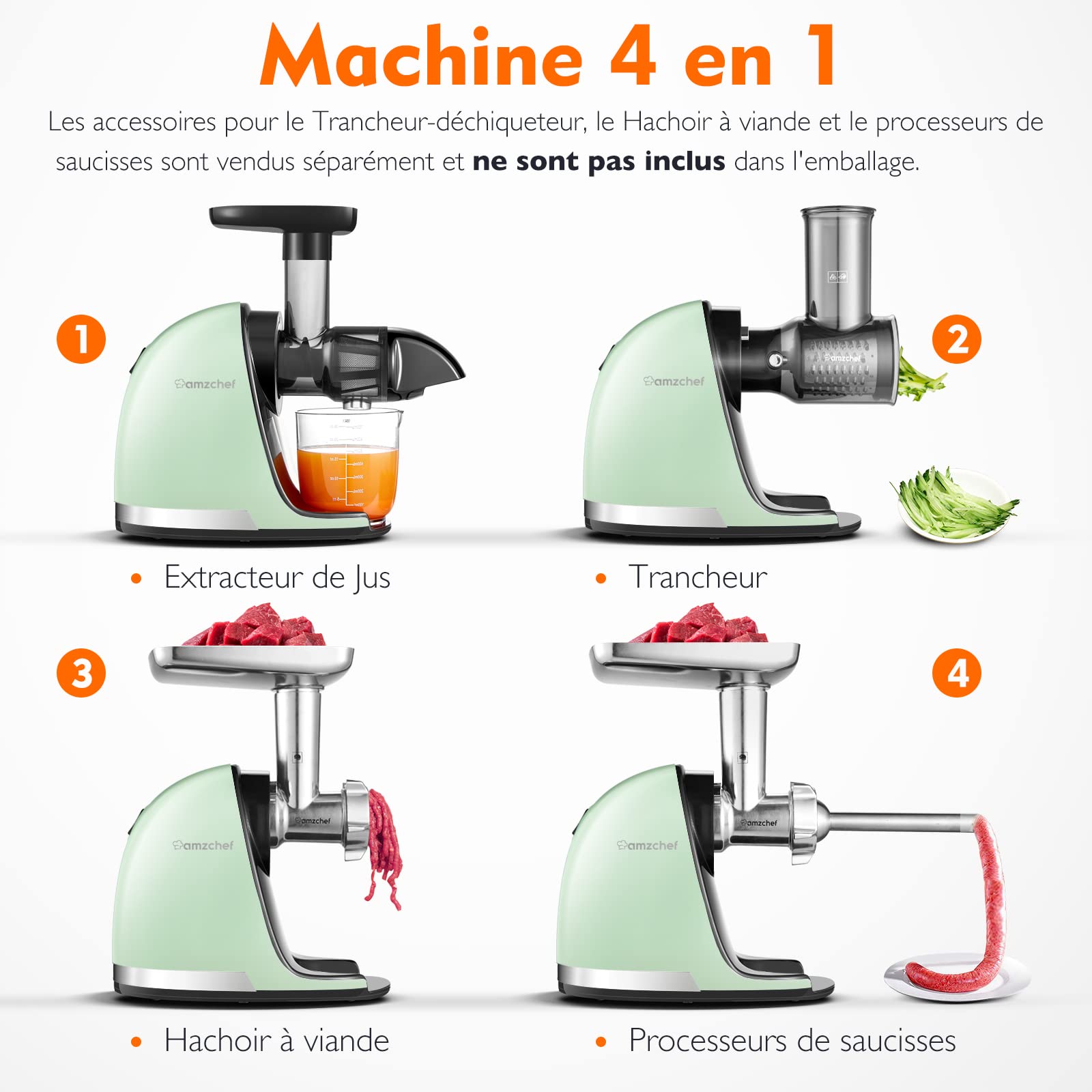 AMZCHEF Extracteur de Jus à Froid sans BPA 2 Tasses Brosse Fonction Mastication Inversée Vert