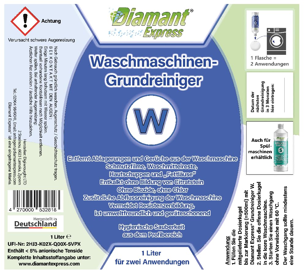 Waschmaschinen-Reiniger, Jahresvorrat, Effektive Grundreingung gegen Kalk, Ablagerungen und Gerüche. Made in Germany, 2x1L (Packung mit 2)