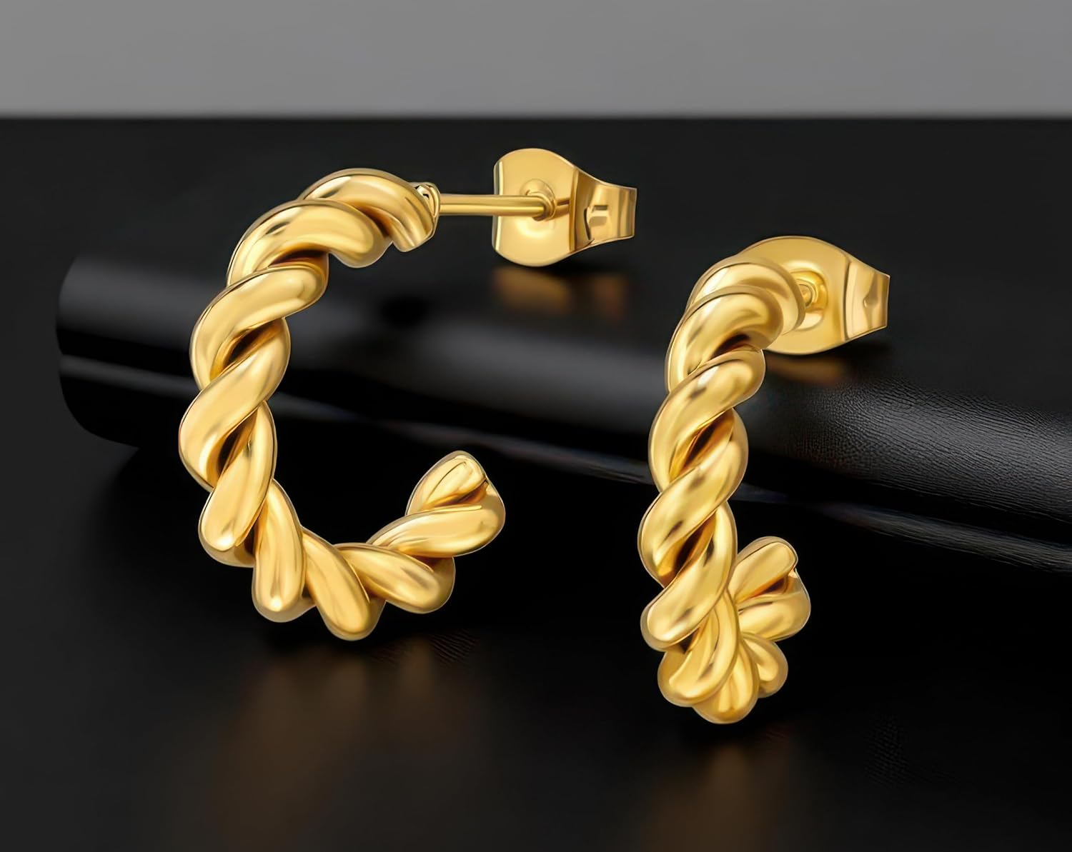 Gold-Plated Stainless Steel Twisted Rope Half Hoop Earrings, Classic Stud Design Jewelry - Image 6