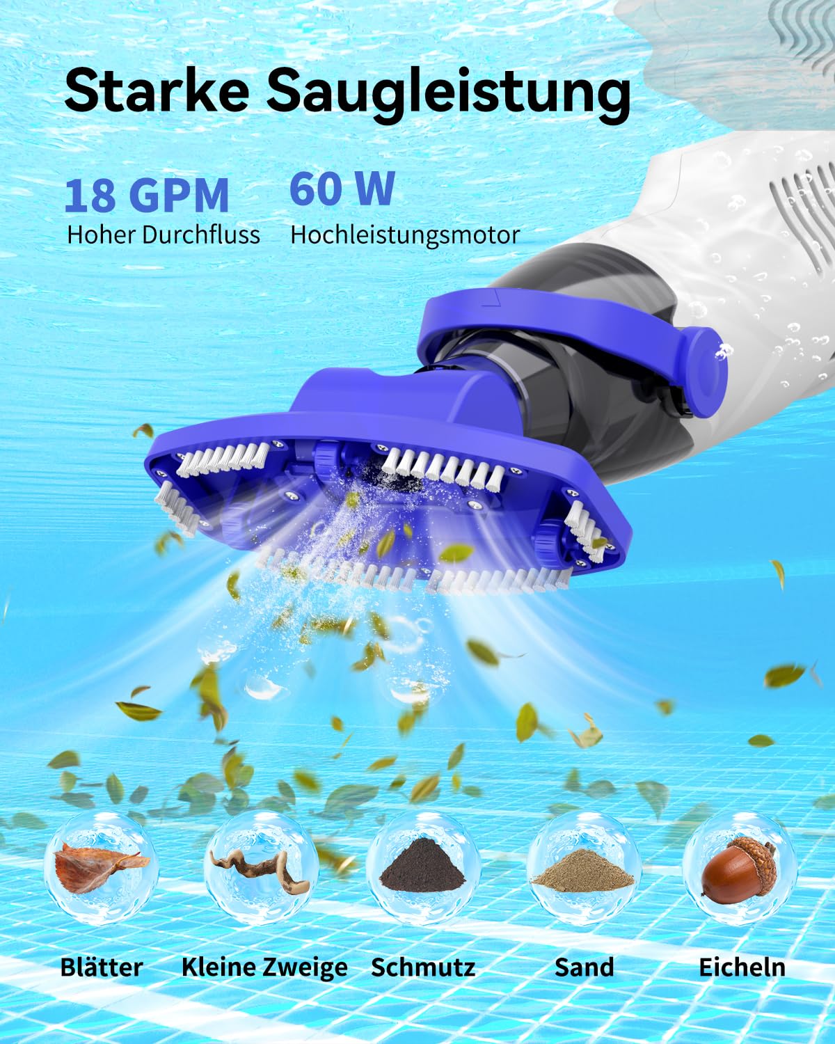 Akku Poolsauger mit 36,8 kPa Saugleistung, 5000 mAh Akku, 60 Min Laufzeit, 18 GPM, 2 Saugmodi, 300/500 μm Filter, Steckstange bis 1,85 m (max. Länge), für Pool & Spa