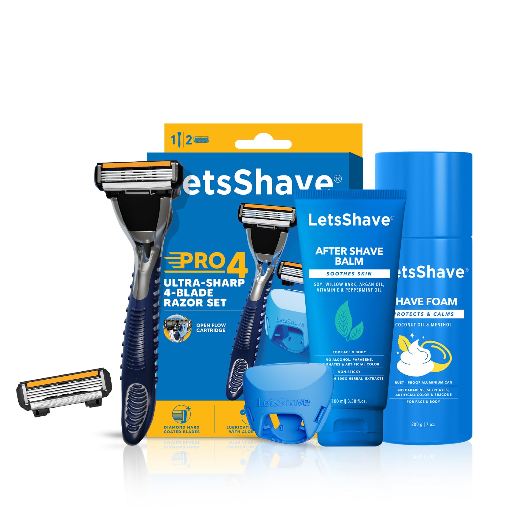 LetsShave Pro 4 Razor Shaving Kit for Men, 1 handle + 2 Blades + After Shave Balm & Shaving Foam + Razor Cap, Pack of 6, Combo Grooming Kit, Gift Set for Men