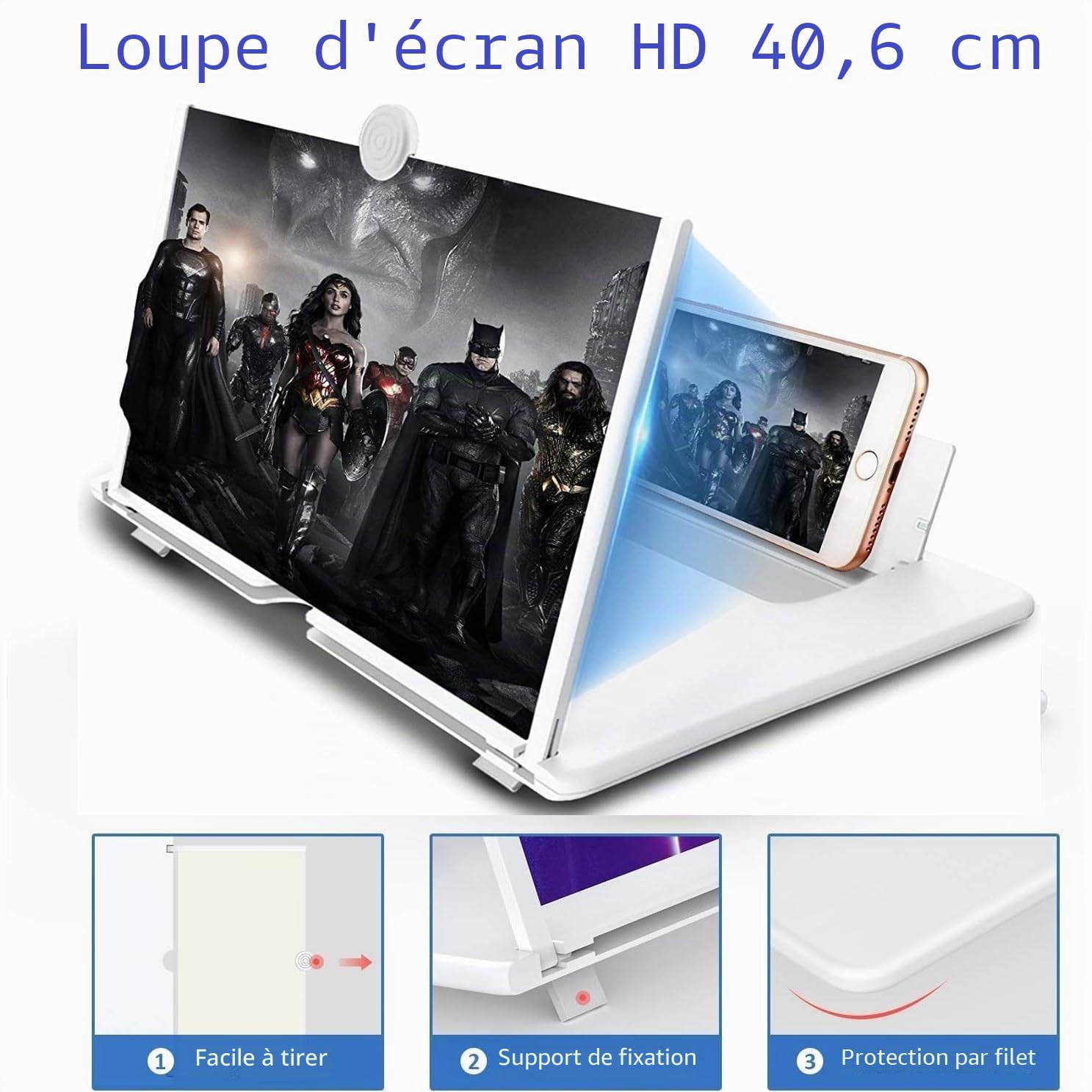 Amplificateur d'écran Lumineux de 14 Pouces, loupe d'écran Anti-Bleu 3D HD pour téléphone Portable, Support Pliable Portable pour Films, vidéos et Jeux, Compatible avec Tous Les Smartphones (Blanc)