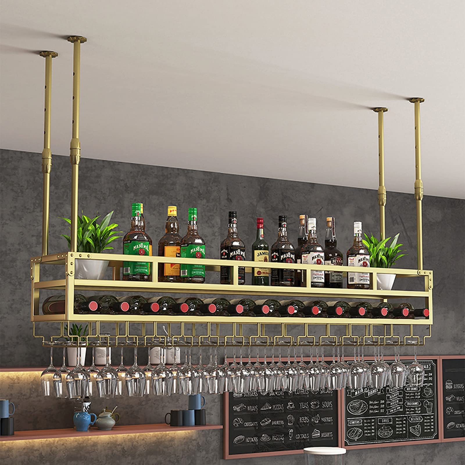 Casier à vin suspendu réglable à 2 couches, range-bouteilles en métal avec porte-verres