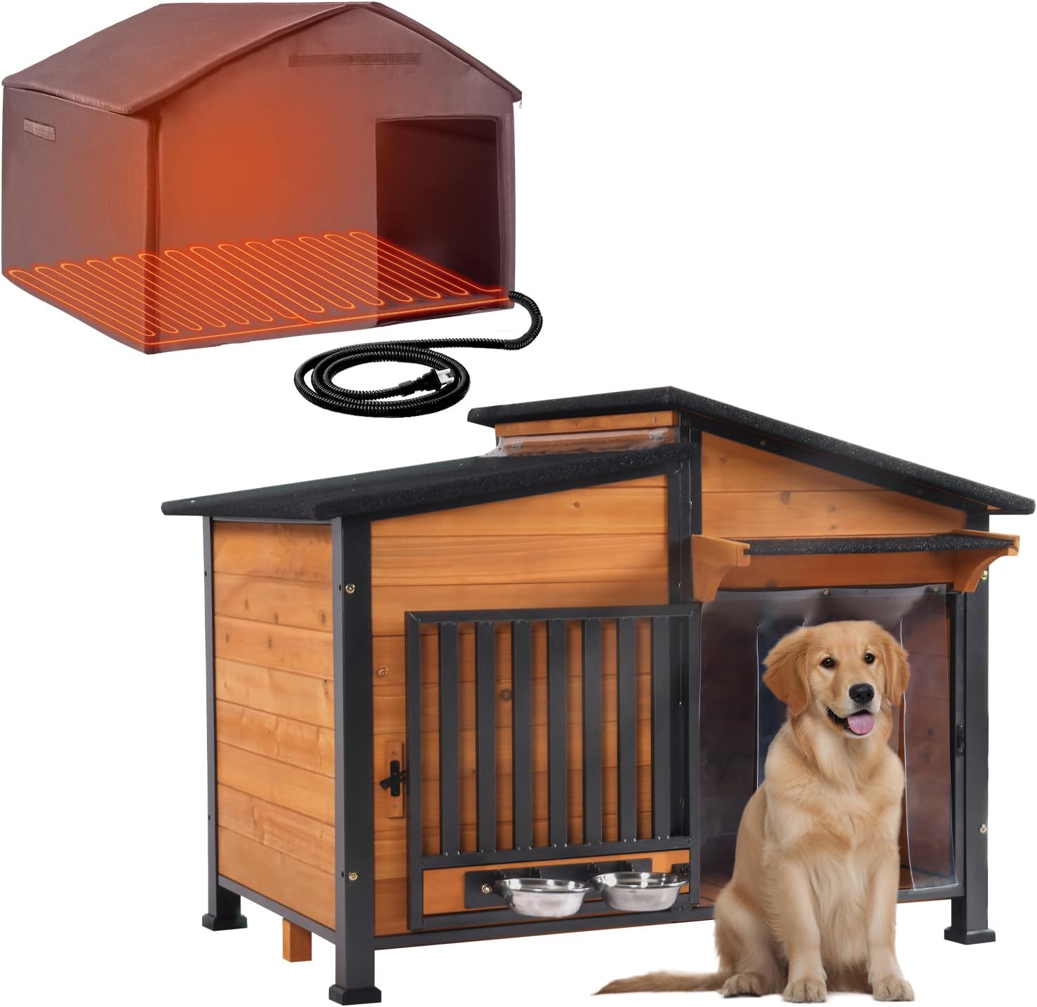 Chew-Resistant Dog House with Metal Frame, Wooden Kennel for Indoor & Outdoor Use, Waterproof Roof & Feeding Bowls Included (Brown, L-in)