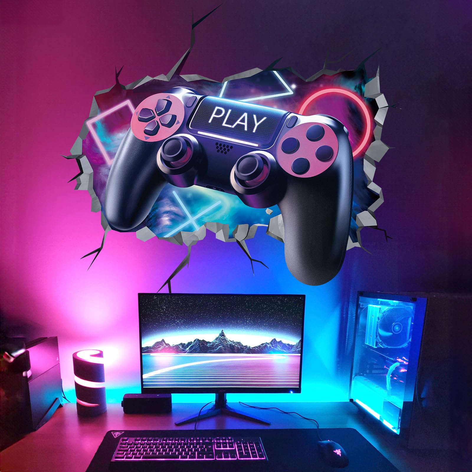 decalmile 3D Game PlayStation Wall Decals Gamer Controller Gaming Accessories 3D Broken Wall Stickers Boys Bedroom Kids Room Playroom Gift Wall Decor