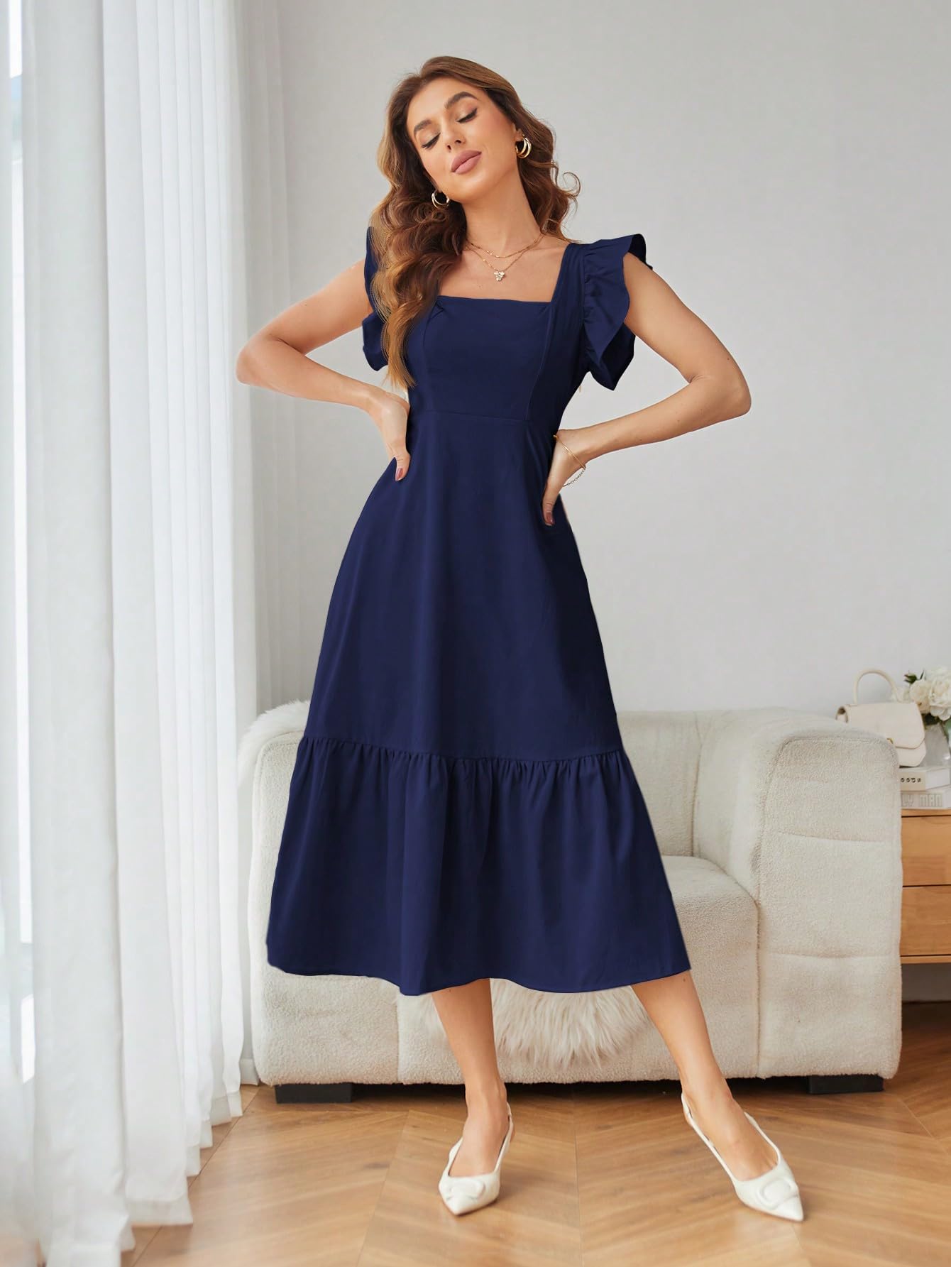 Shasmi Girl's & Women's Solid Navy Blue Color Square Neck, Ruffle-Trimmed Hem Sleeveless, Ruffle Armhole And Casual Dress With Cinched Waist Vacation Outfits Woman (Dress 162 N Blue-2Xl)