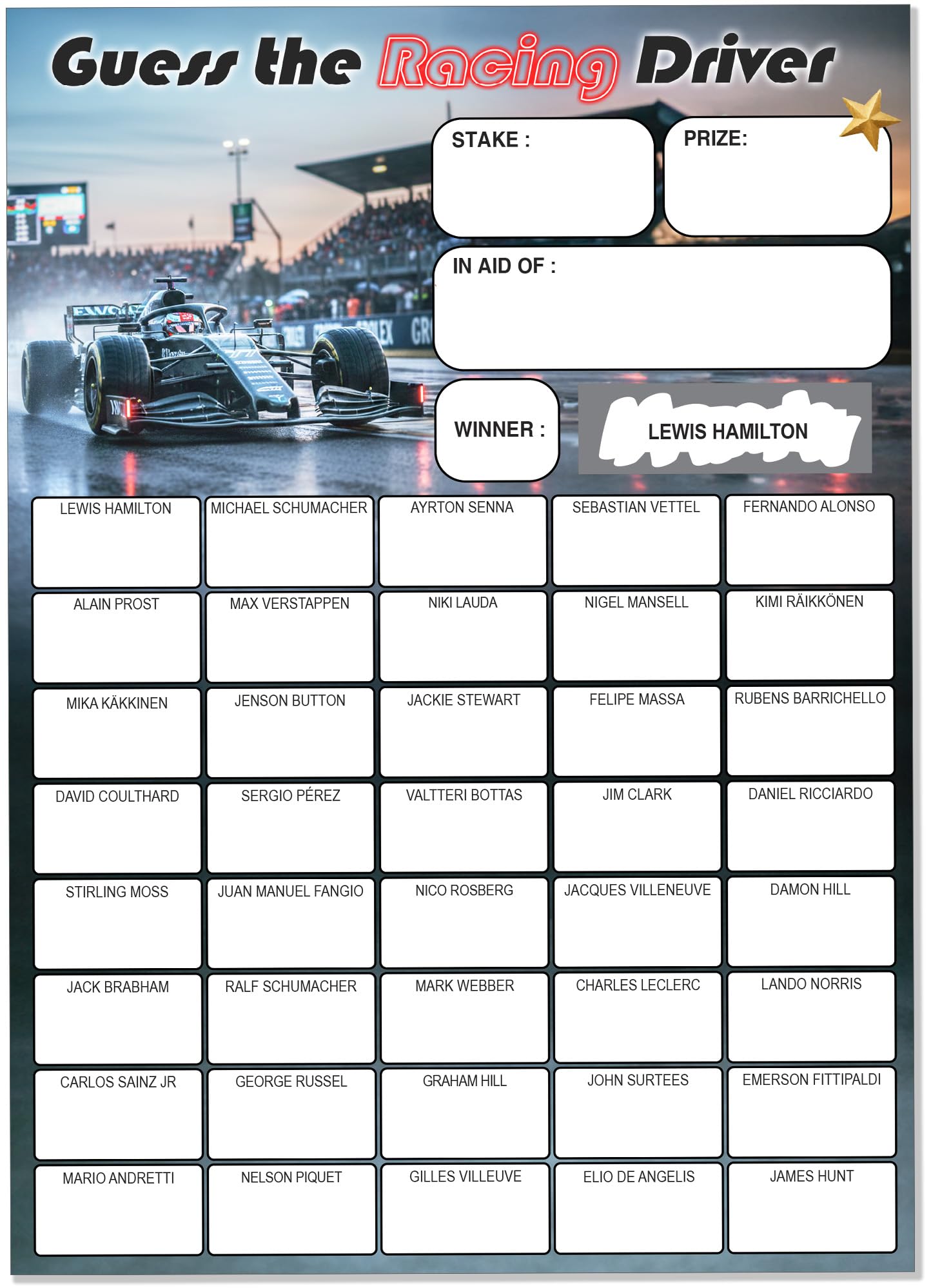 Pack of 10 Name the Racing Driver Fundraiser Cards - A5 Size - 40 Squares and Scratch Off Winner for Fundraising