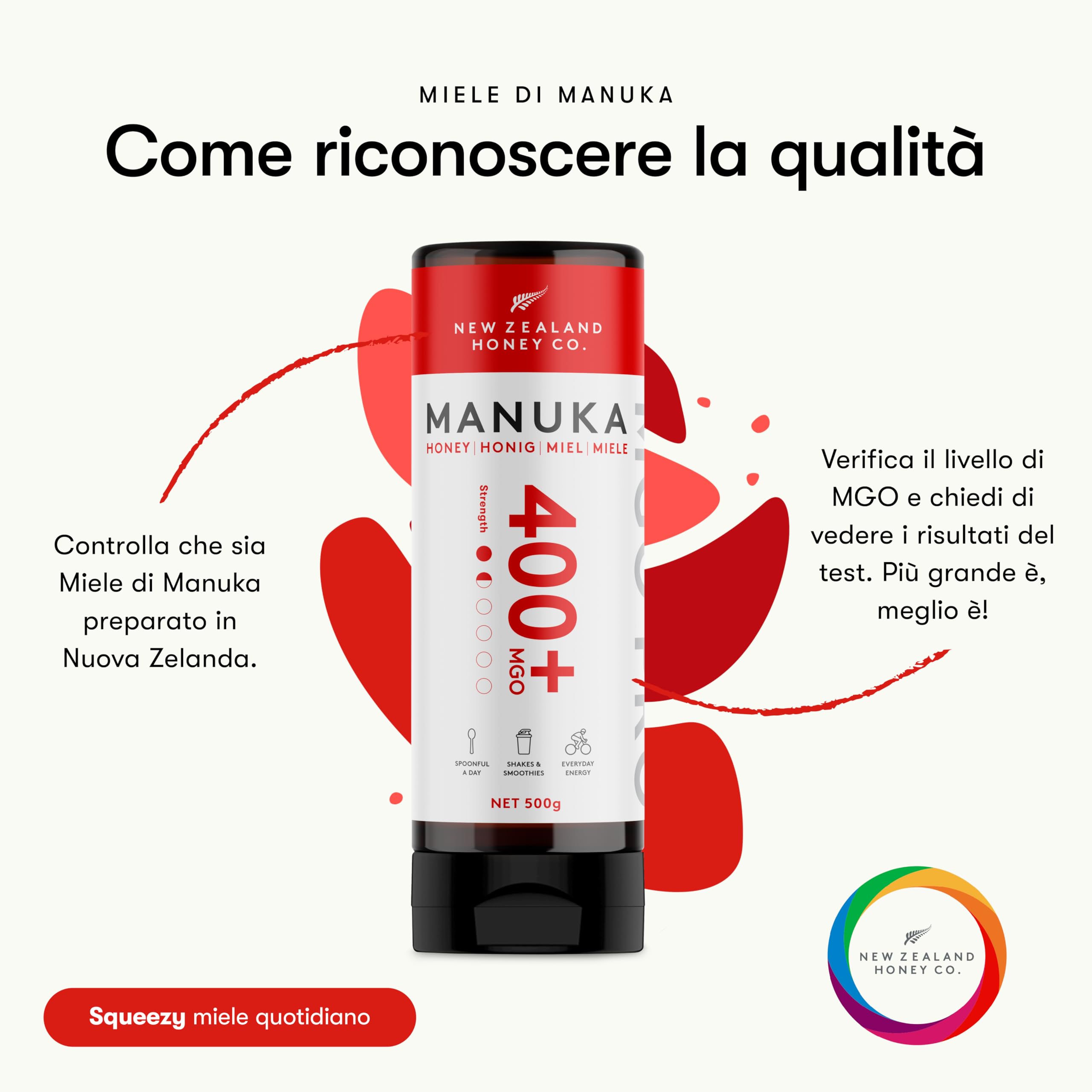 New Zealand Honey Co. Miele di Manuka MGO 400+ | Attivo e lordo | Prodotto in Nuova Zelanda | 500g