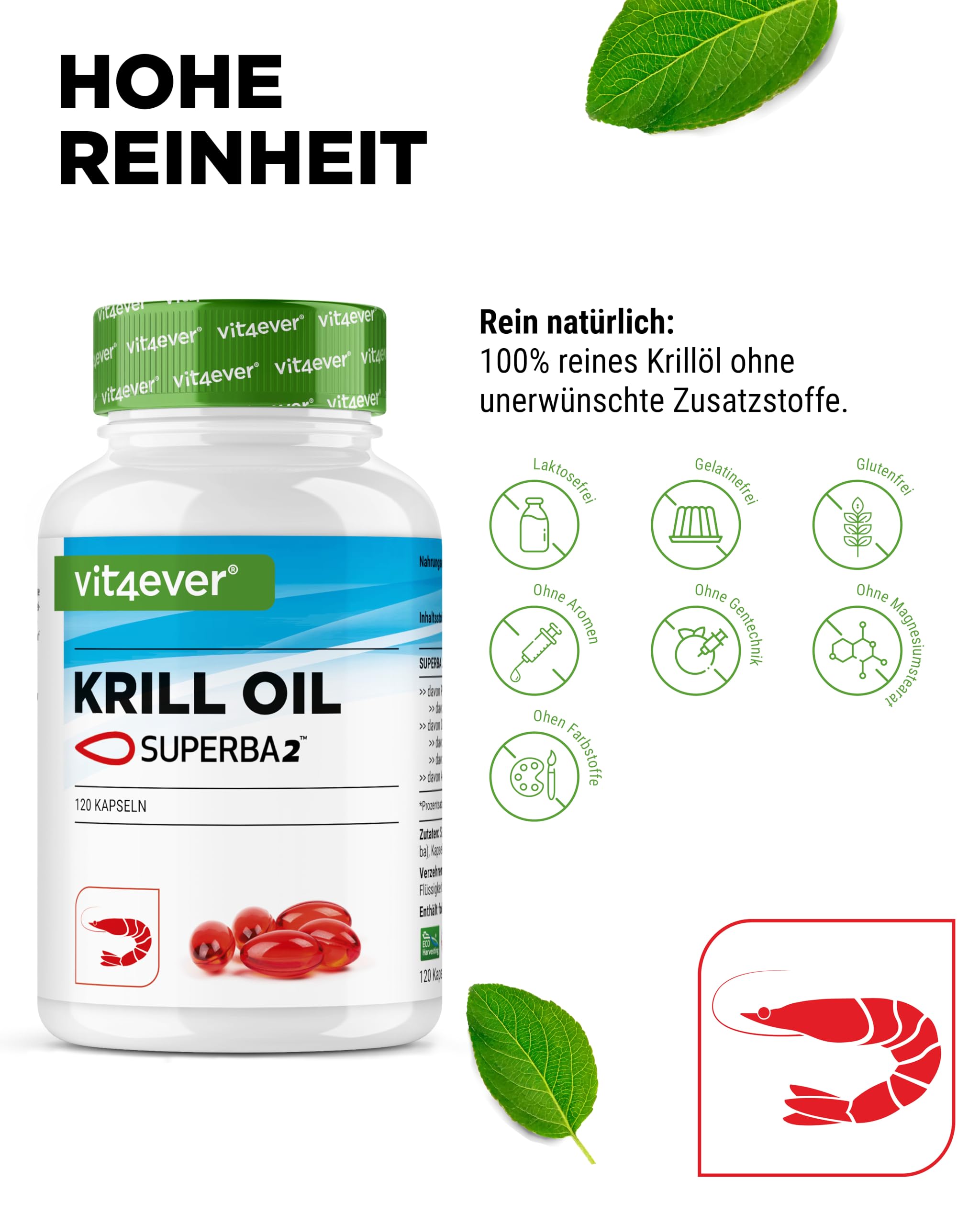 vit4ever Krill Öl - 120 Kapseln - Superba Antarktis Krillöl | 1000 mg Krillöl, EPA & DHA, Astaxanthin, Phospholipide, nachhaltig
