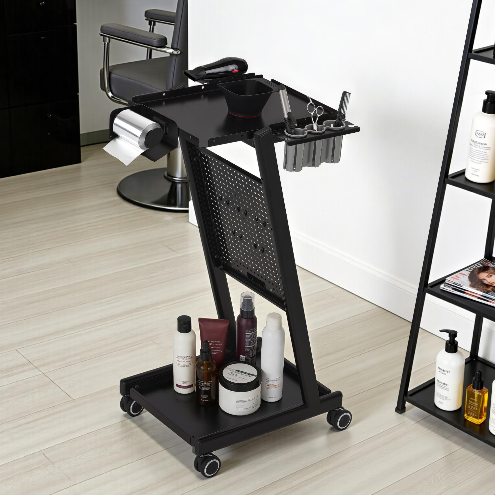 BarberPub Friseurwagen mit Schublade & 2 Ablagen, Friseur Arbeitswagen, Beauty Salon Trolley Metall, Rollwagen 47x39x94cm Schwarz