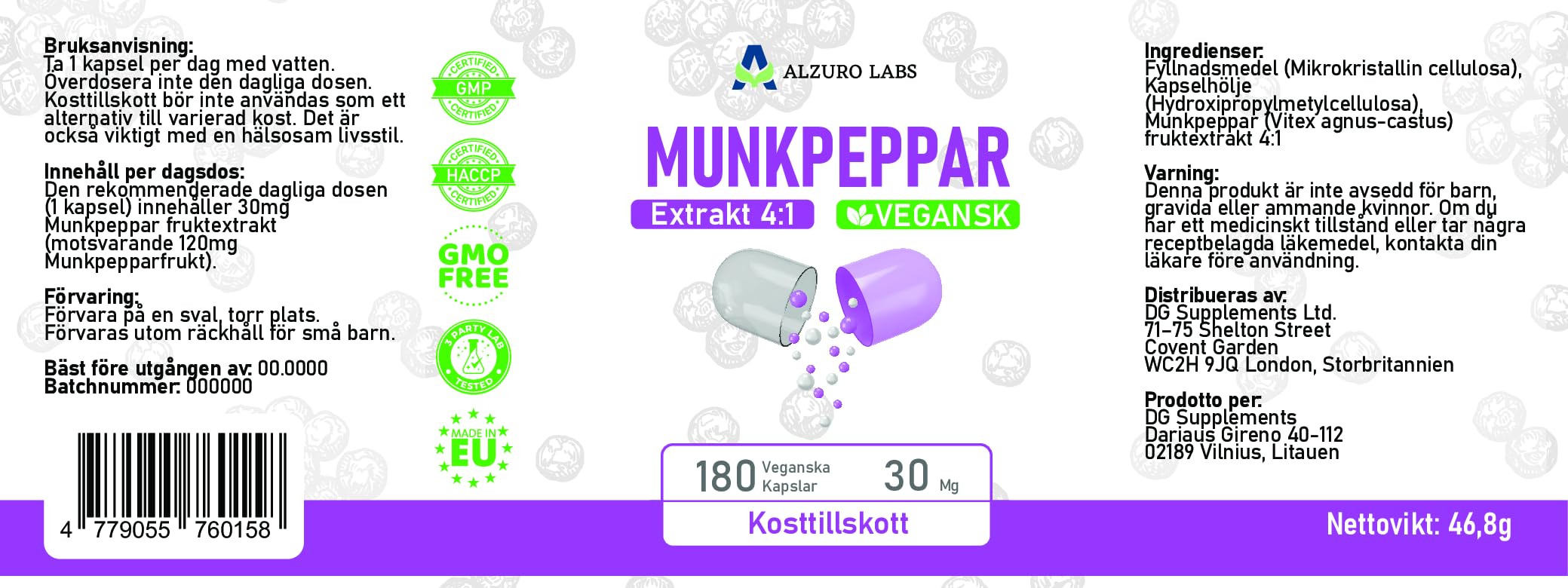 Poivre moine | 120 mg équivalent (30 mg d'extrait 4:1) | 180 capsules végétaliennes | 6 mois de stock | GMP & Testé en Laboratoire Indépendant