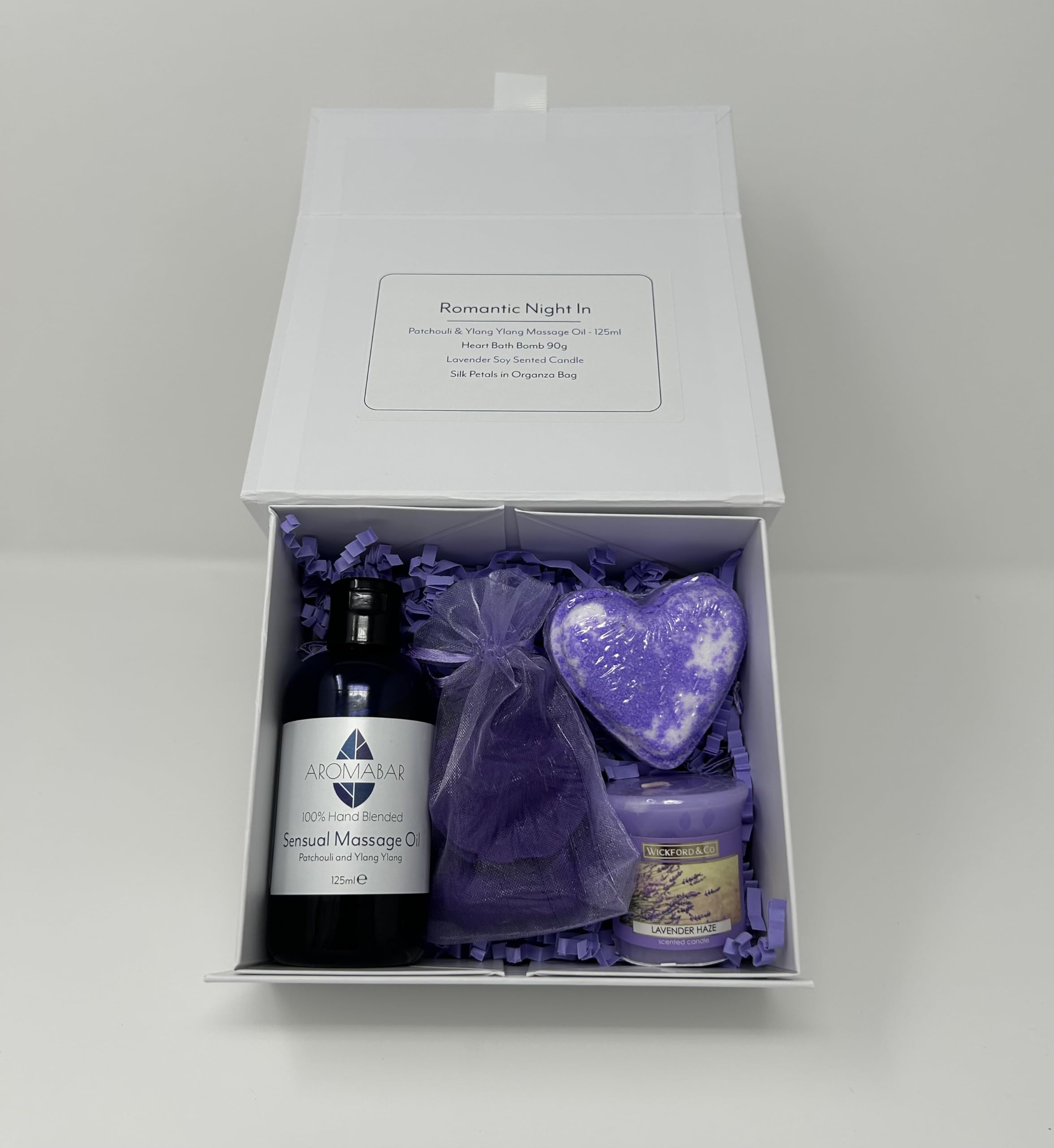 Romantic Night in Gift Set Sensual Massage Oil, Heart Bath Bomb and Scented Candle Ideal for Valentine or Couples Gift to Share