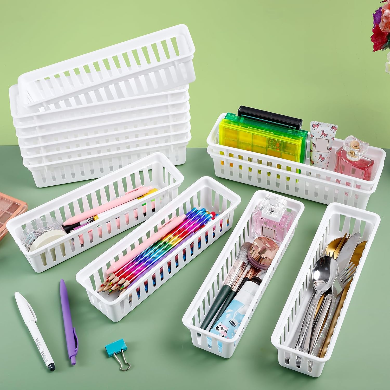 12 Pack Pencil Basket Tray, 10 X 2.76 X 2.36 Inch, White | Slim Plastic Storage Baskets Tray, Classroom Storage Baskets, Stackable Drawer Pencil Holder Trays for Desk Home Office