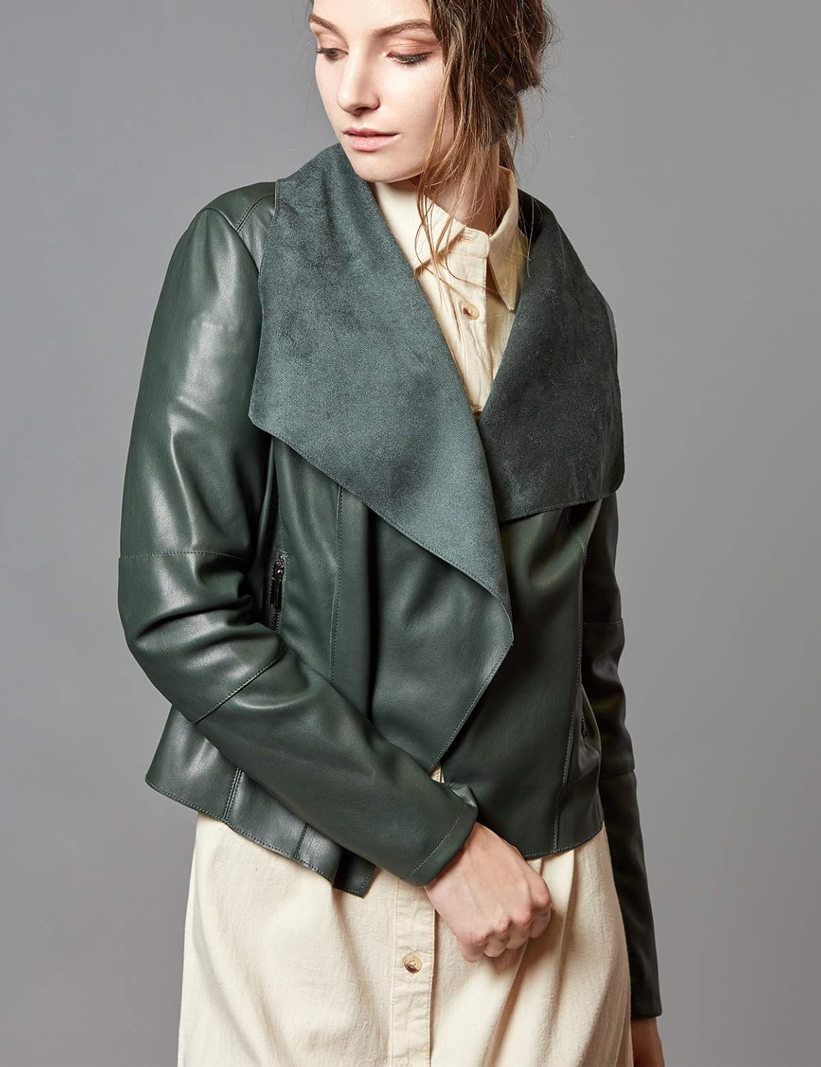 Escalier Women's Faux Leather Jackets Slim Open Front Lapel Blazer Jackets - Image 3