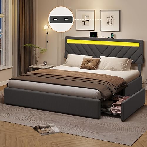 Base de cama de plataforma tamaño King, cama con luces LED, marco de cama con cajones, cama moderna de plataforma con tomas de corriente, barras de