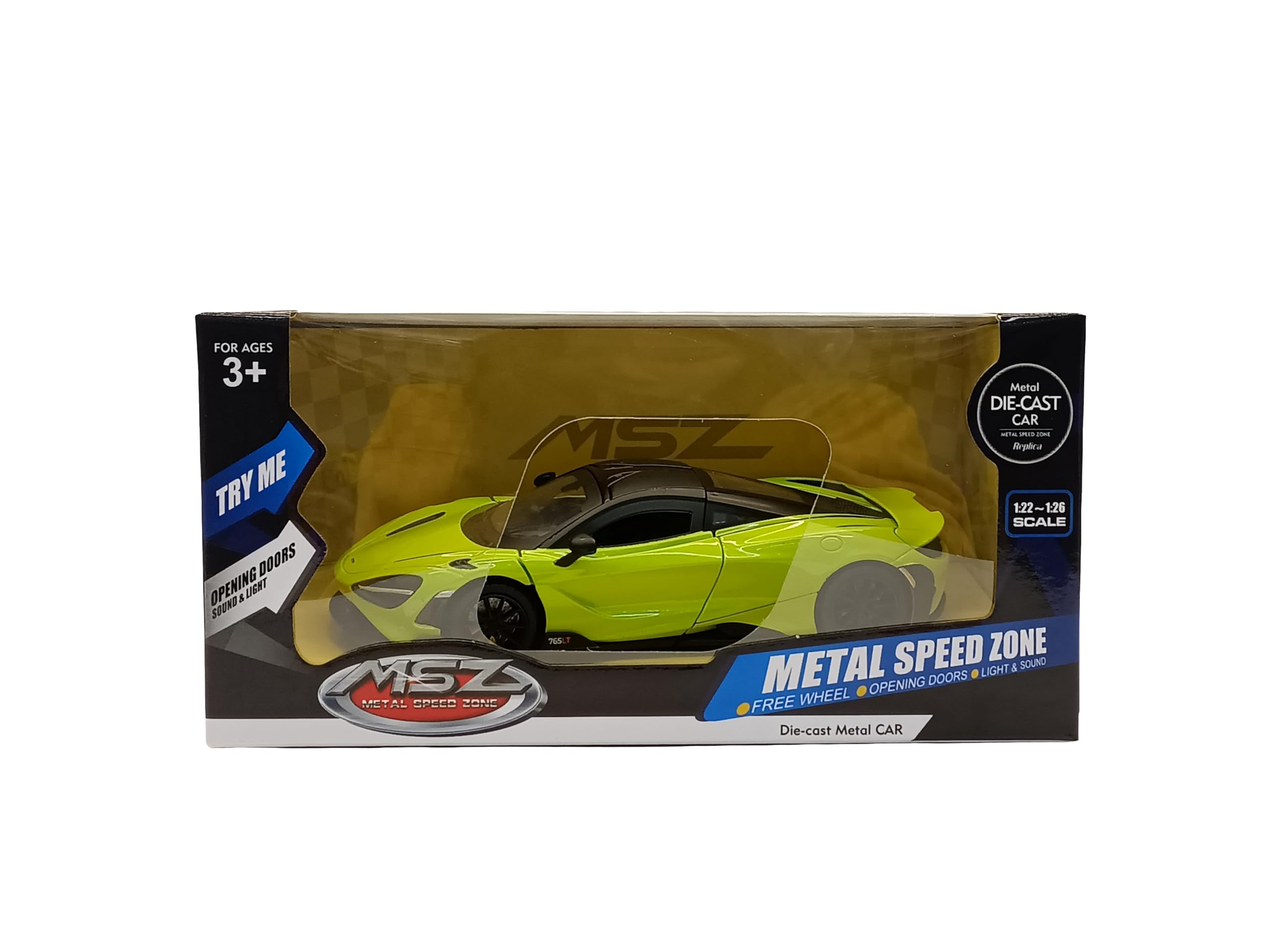 MSZ 1:24 McLaren 765 LT Concept Diecast Model Car, Functions: Free Wheel, Opening Doors, Hood with Lights & Sounds, Black