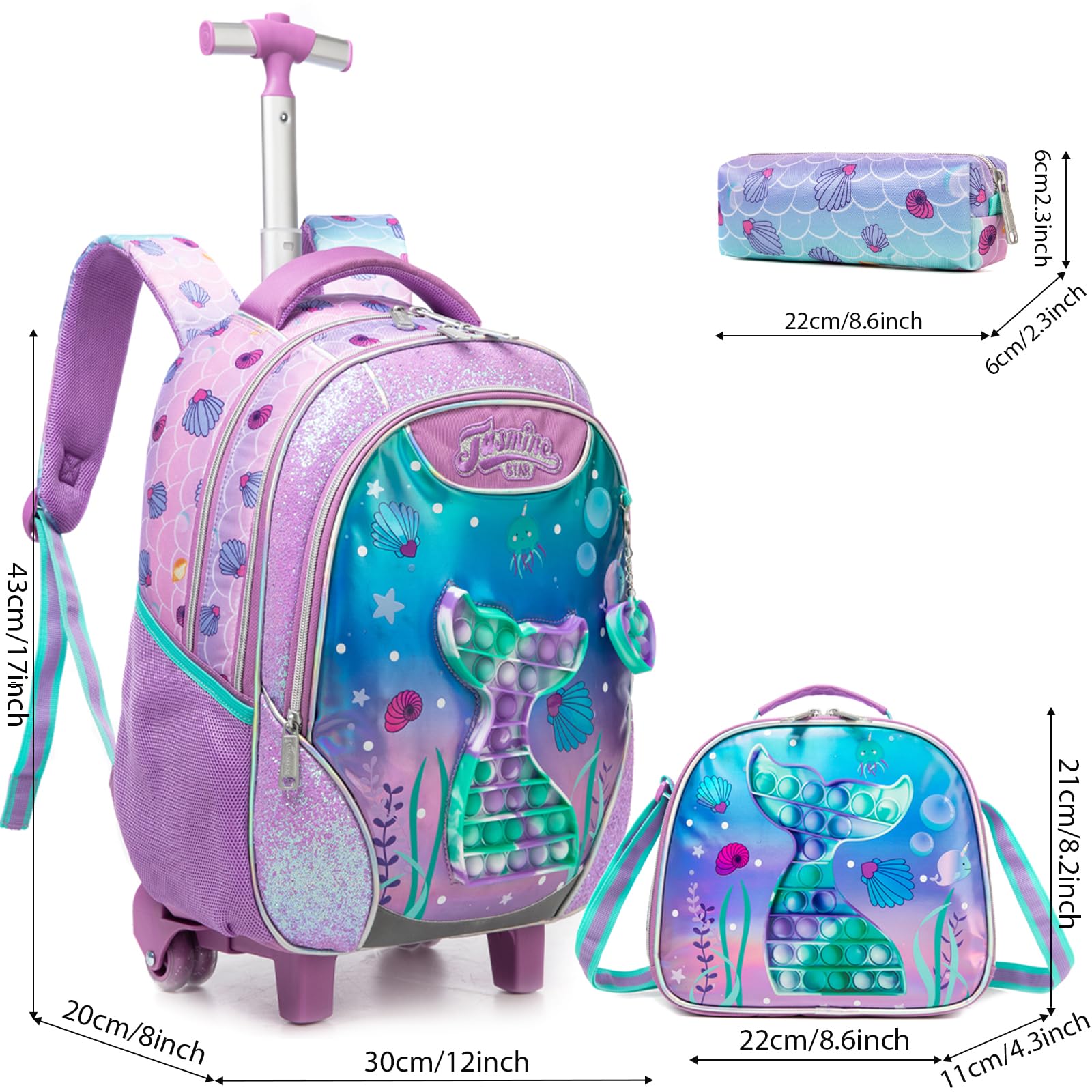 Sac a Dos Roulette Fille Enfant Cartable Cabine Primaire Valise École Maternelle Sacs à D'école pour Voyage de Bagages Ensemble Adolescents Grand Étudian Poches Toy Sirène Rose