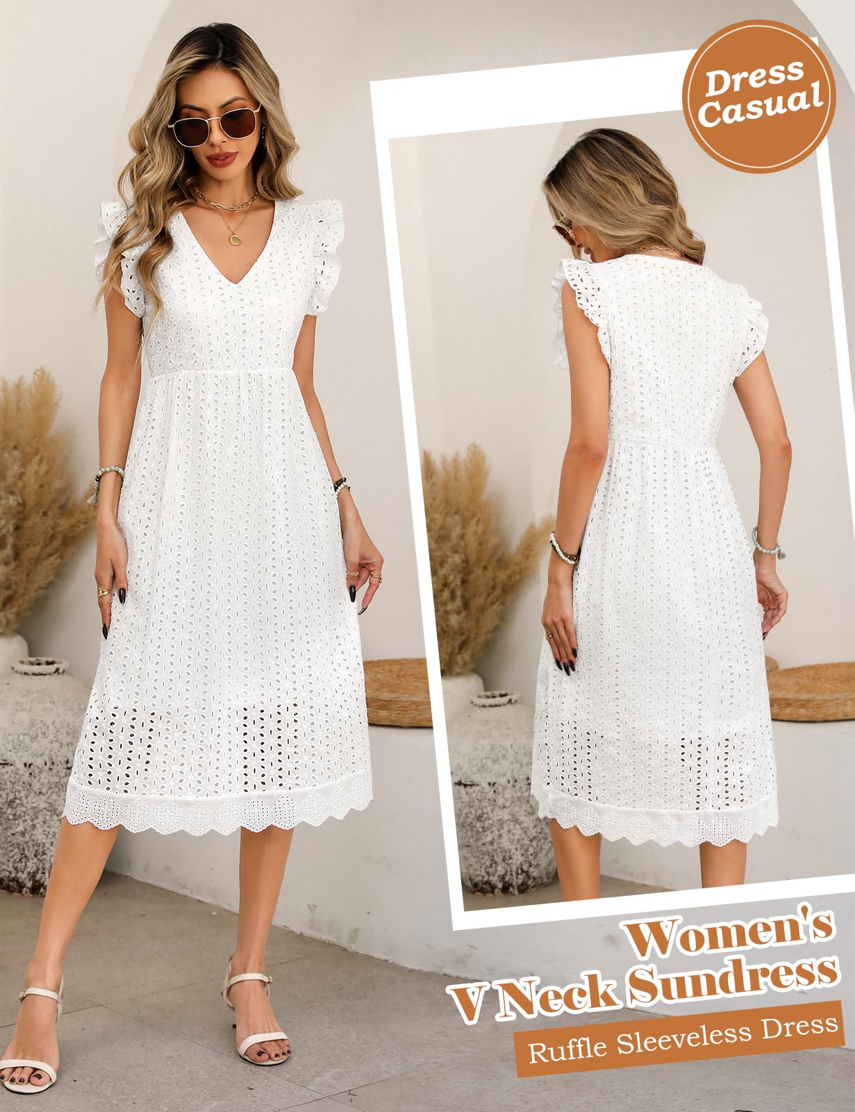 Vestido Mujer Verano Casual Vestido Largo con Manga Volante Cuello V Elegante Cintura Alta A-Line Vestidos Hueco de Flores Jacquard Sólida Algodón Vestidos de Playa con Bolsillos