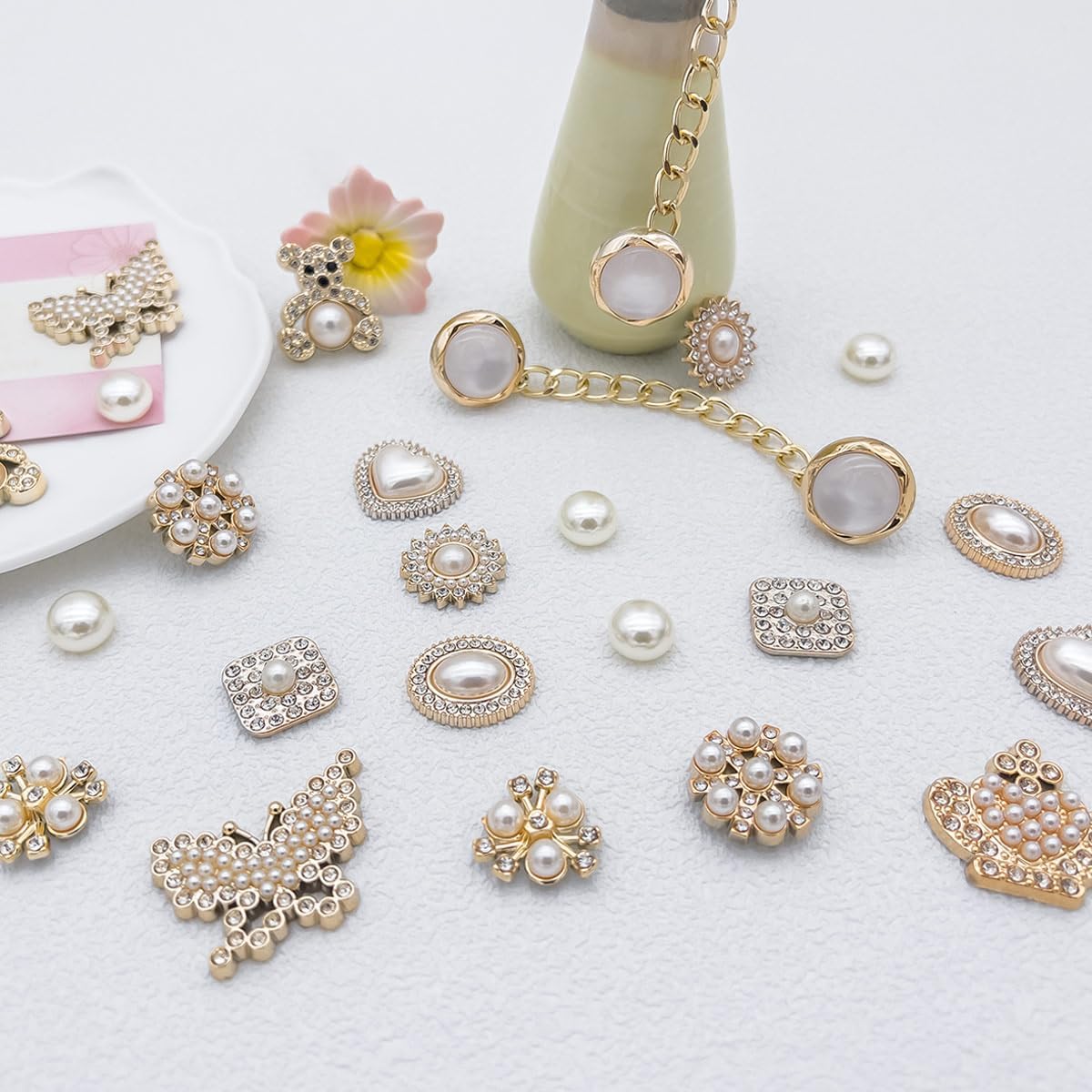 26PCS Bling Charms Set - Pearls, Resin Butterflies, Flowers & Sparkling Chains DIY Decoration Accessories for Girls & Women