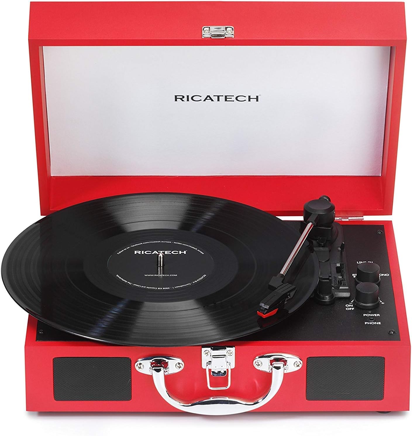 Ricatech RTT21 Turntable, Lightweight Portable Record Player With Speakers, Three Speed, Supports RCA Output, Bluetooth, Headphone Jack, MP3 Playback. Exquisite Suitcase Style Vinyl Player (Red)