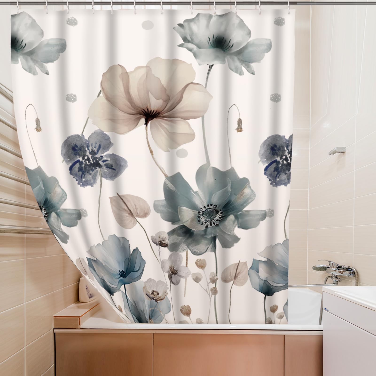 Newwiee Juego de 7 cortinas de ducha con diseño floral bohemio para decoración de baño, cortina de ducha y tapetes, toallas, alfombrilla de inodoro, impermeable, accesorios de baño de acuarela