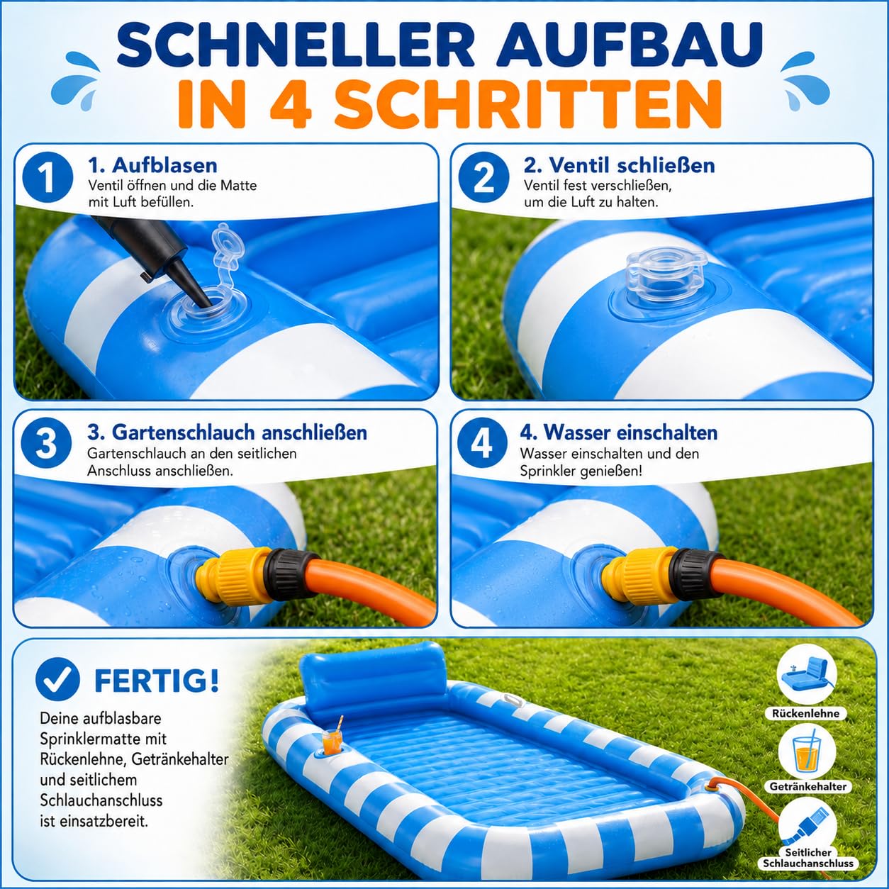 Tanning Bed 200×125cm,Lounge Bed Pool, Bräunungspool, Luftmatratze mit Wasser Befüllbar, Tan Pool Zum Sonnen, Sonnenpool Matratze, Liegepool, Aufblasbarer Tanning Pool Sprinkler Kissen Getränkehalter
