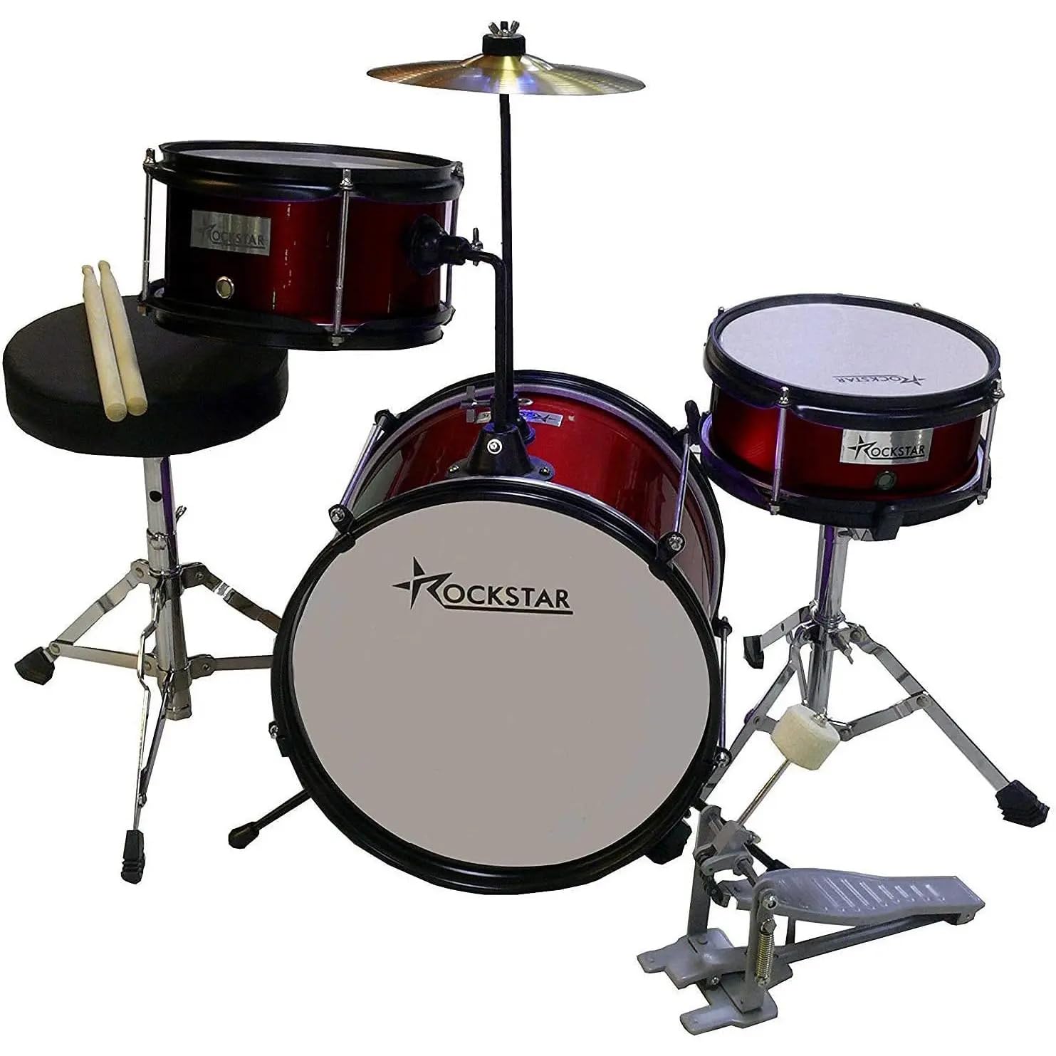 ROCKSTAR - Batería Infantil Fabricada de Madera 1044WR Instrumento Musical Asiento Pedal de Bombo y Baquetas