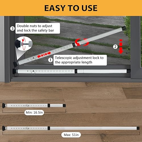 Miniatura 5 de PBHEPJ Paquete de 2 barras de seguridad para puerta corredera, barra de seguridad ajustable para puerta de patio de 18.5 a 51 pulgadas con puntas de
