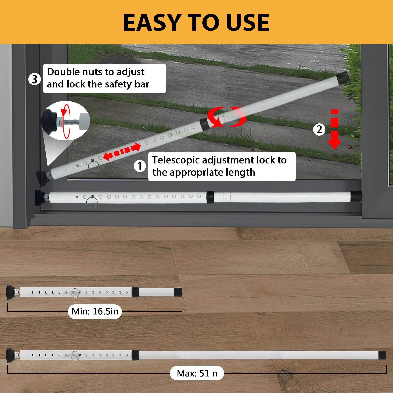 Paquete de 2 barras de seguridad para puertas corredizas y ventanas, topes ajustables para puertas y ventanas, seguridad mejorada para el hogar, viajes, dormitorio