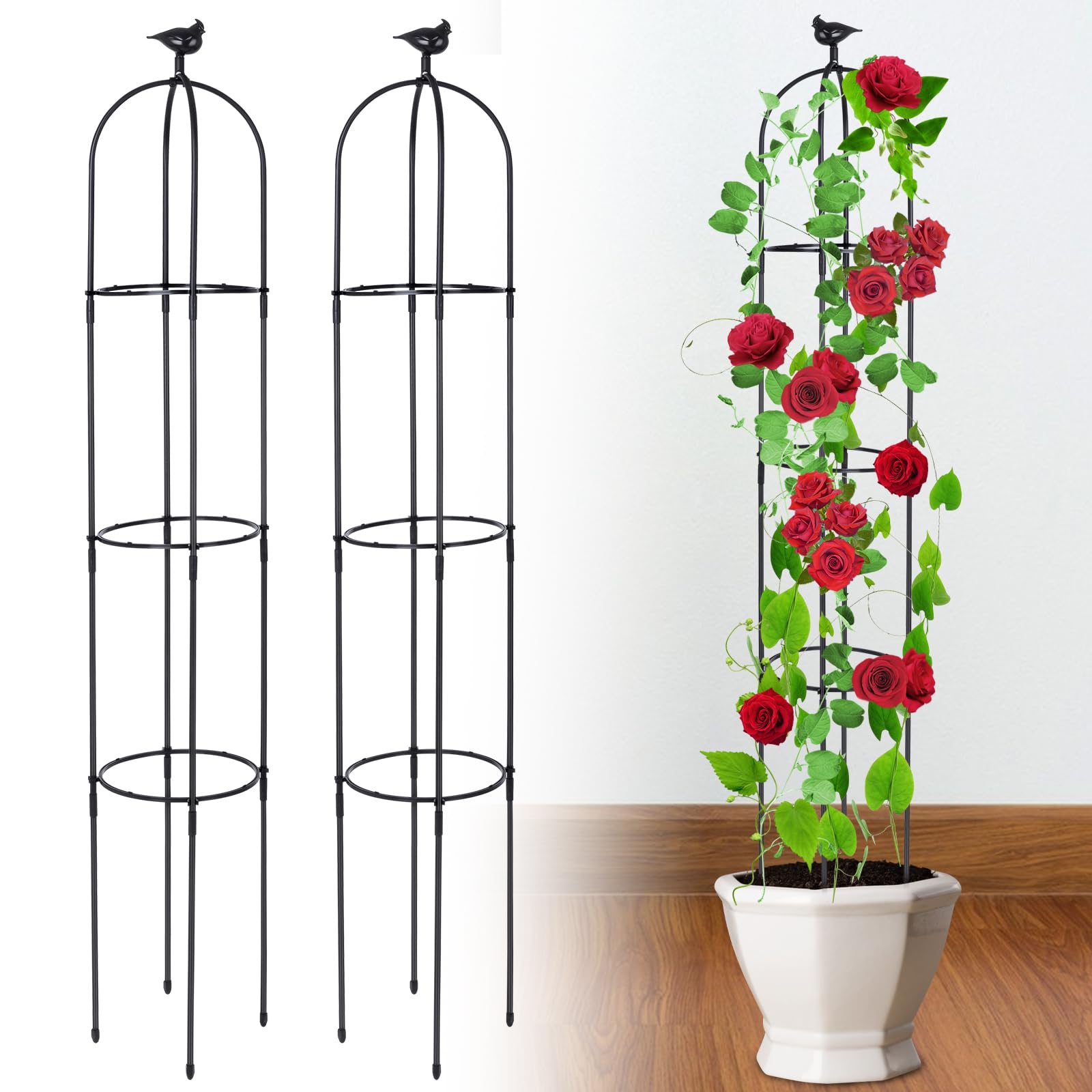 2PCS Grille de Jardin Obélisque, TOROKOM 183cm Support de Grimpant en Métal Anti-Rouille, Tour de Jardin pour Plantes en Pot, Fleurs, Légumes, Fruits et Liannes, Intérieur Extérieur(Noir