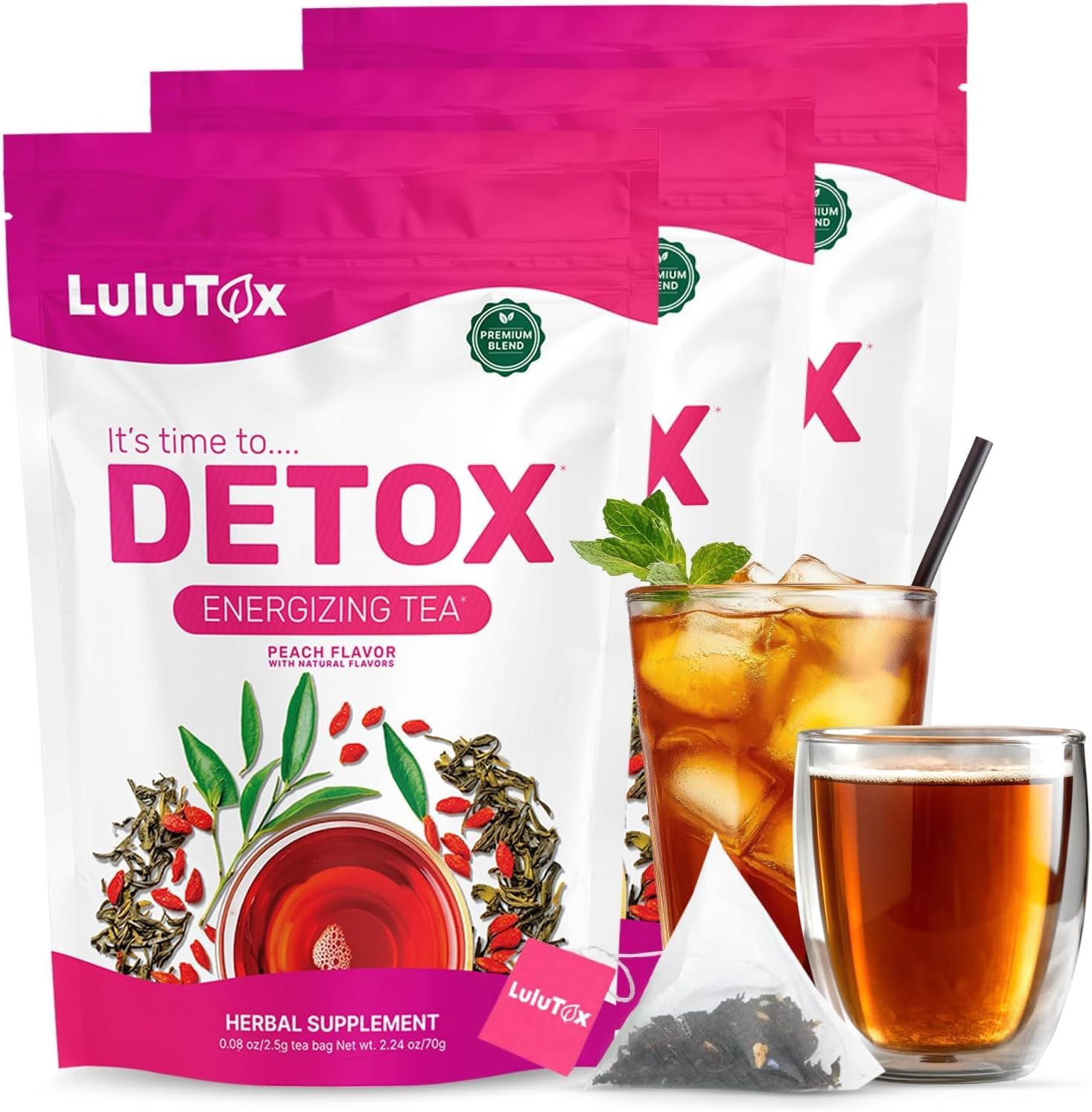 LULUTOX Detox Tea - Herbal Blend with Dandelion, Ginseng, and Ginger - Supports A Healthy Weight, Digestive Health - Vegan, All Natural, Laxative-Free - Peach Flavor (3 Pack x 28 Servings)