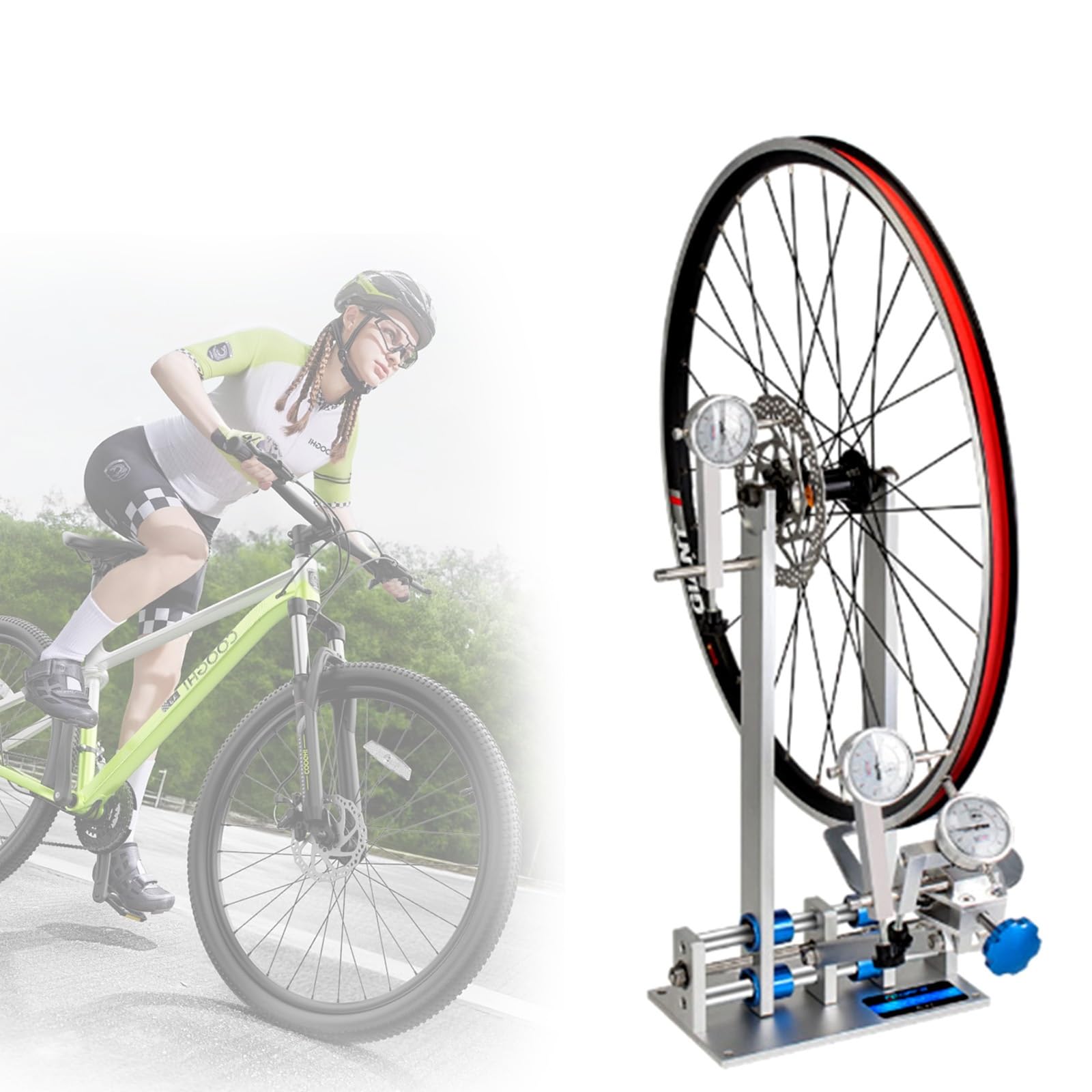 Stojak do mocowania kół ze wspornikiem łożyskowym, stojak do konserwacji roweru ze stopu aluminium na felgi 40-73.7 cm, 3 precyzyjne mierniki i klucz do szprych w wielu rozmiarach, składana