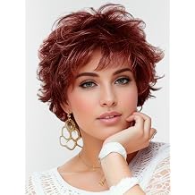 TISHINING Short Ombre Red Curly Wigs for White Women Layered Red Mixed Brown Pixie Cut Wig with Bangs Synthetic Natural Looking Daily Party Wig 6 Inch