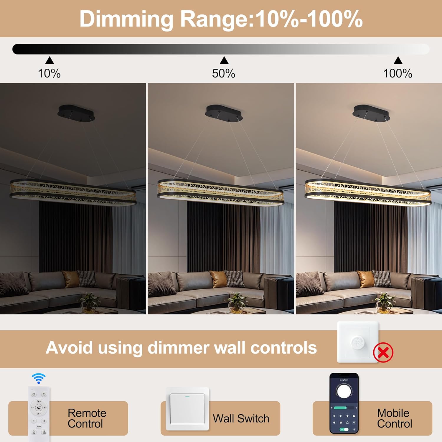Modern Chandelier with Remote Control, Adjustable LED Chandelier Dimmable Chandeliers for Dining Room Living Room (Black & Gold, 39.4" x 7.87" Oval)
