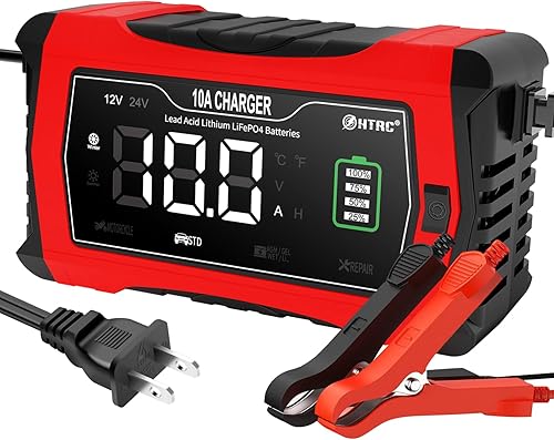 YHCHKJ Cargador de batería de automóvil, desulfador de cargador de goteo totalmente automático de 12 V, 10 A y 24 V, mantenedor de batería LCD