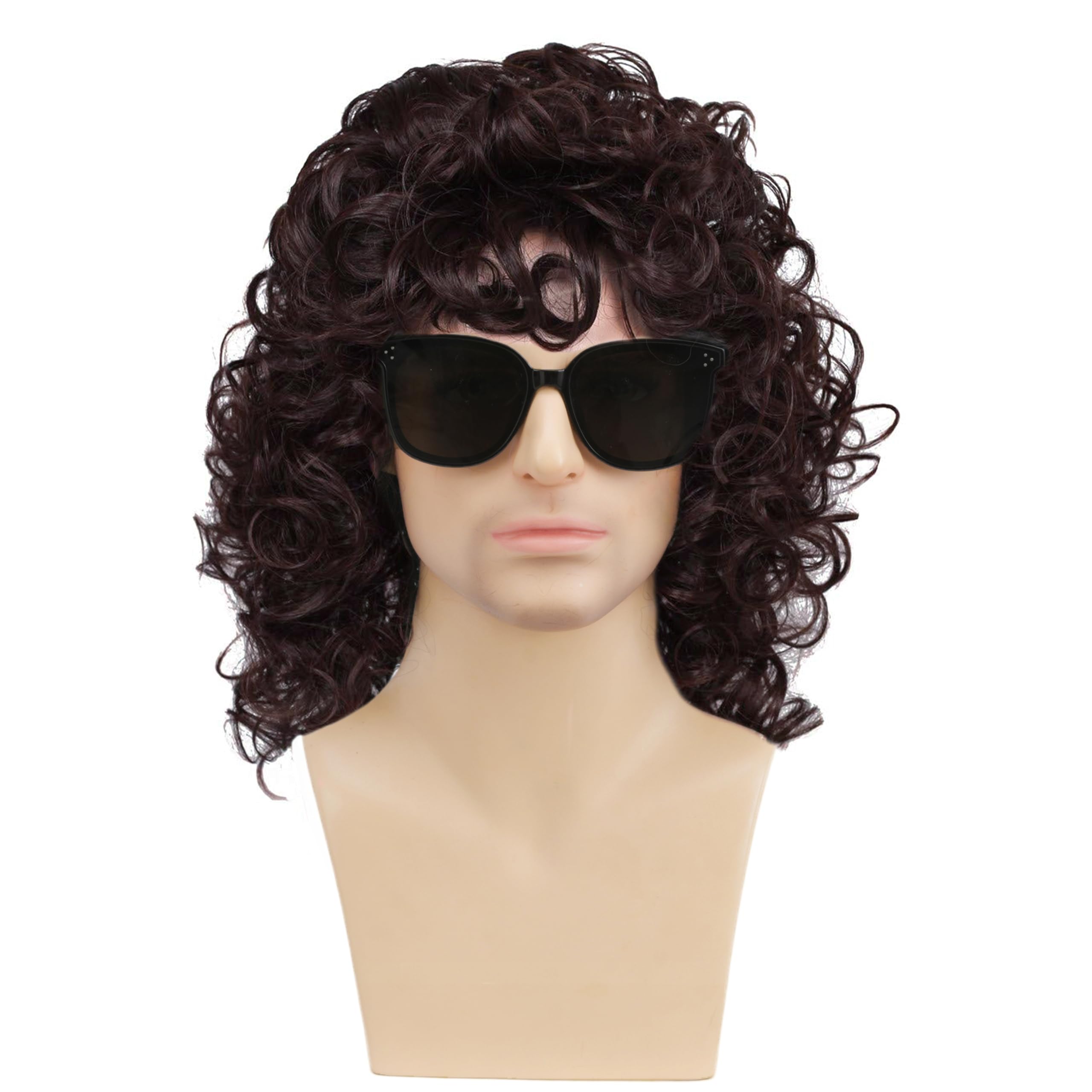 Daiaces Mens 80s Long Curly Black Wig Mullet Wigs Men Costume Heavy Metal Rock Wig Halloween Costume Party Cosplay (Brown-606)