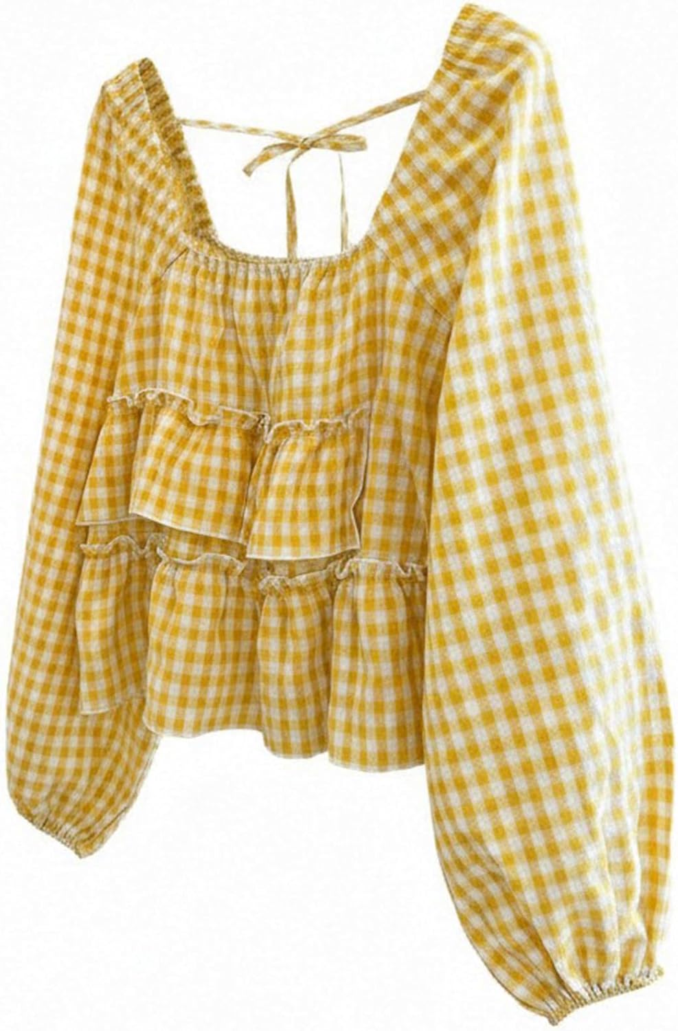 SHENHE Women's Plaid Long Puff Sleeve Ruffle Peplum Tie Back Blouse Cute Going Out Checkered Shirts