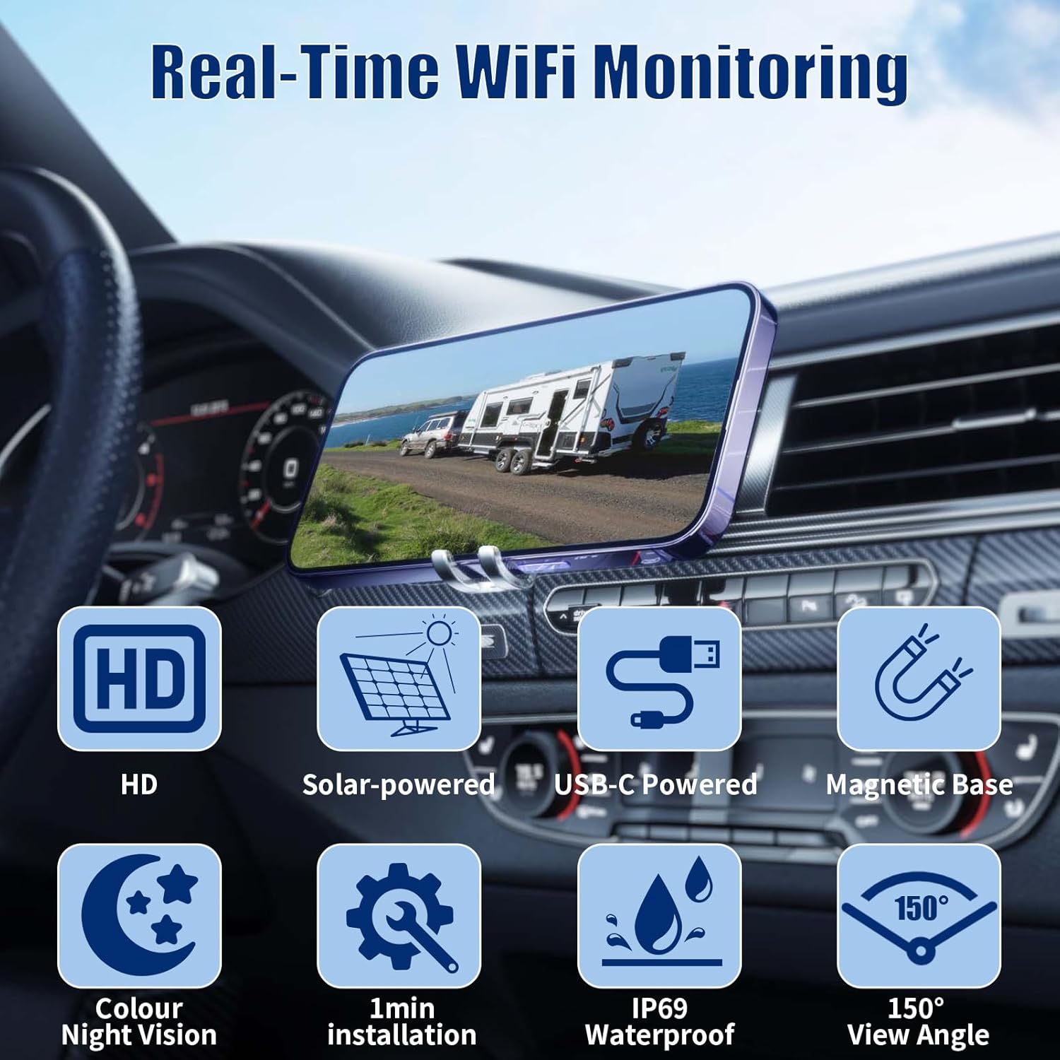 WiFi Magnetic Solar Wireless Backup Camera, 10000mAh Rechargeable 1080P Rear View Camera for Truck RV Trailer Car, DVR Recording Night Vision, IP68 Waterproof, Easy Installation