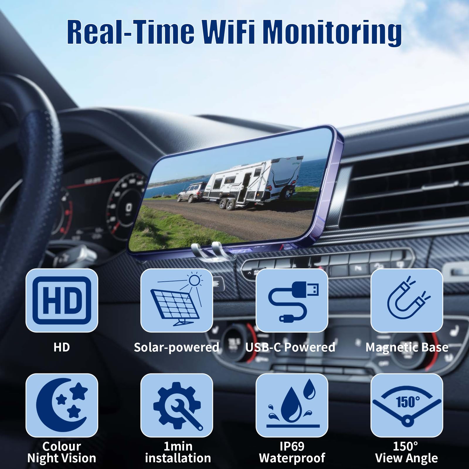 Solar Telecamera Retromarcia Wireless, WiFi Telecamera Posteriore per Auto, HD 1080P Visione Notturna, 9600 mAh Batteria Ricaricabile, Base Magnetica per Camion, Camper, Furgone, Rimorchio