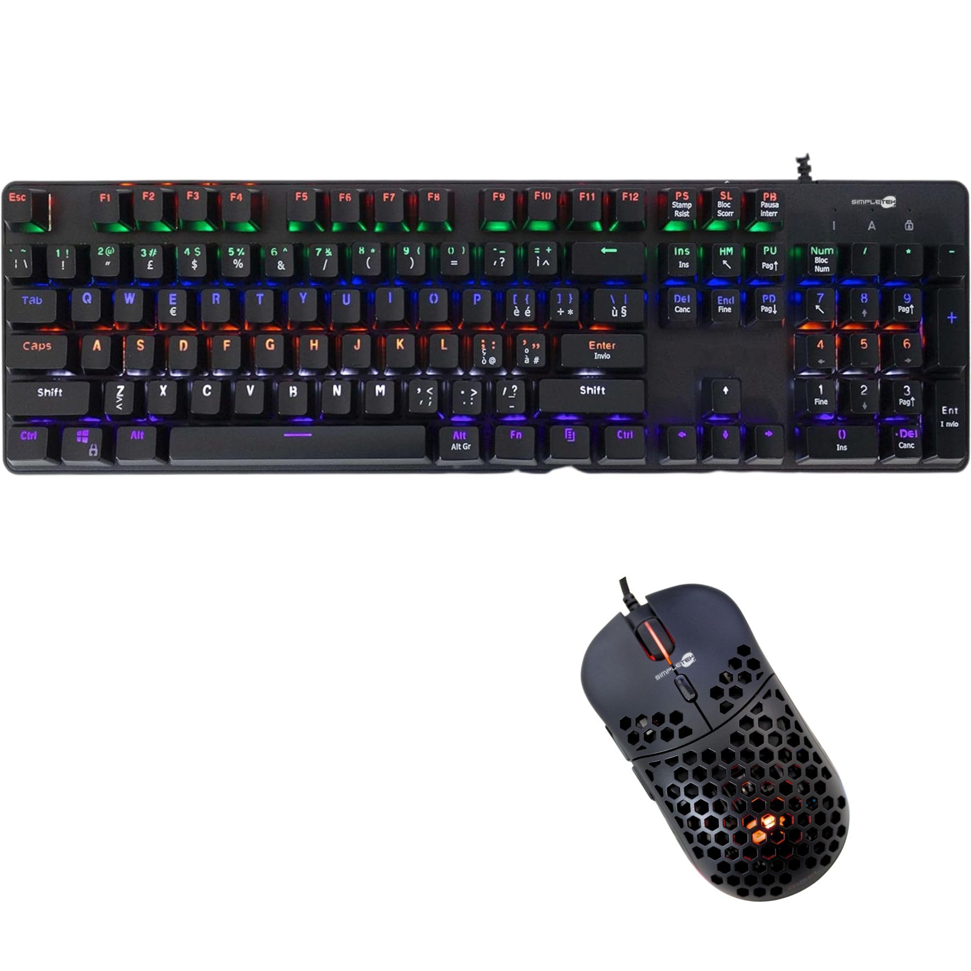 SIMPLETEK - Kit Gaming Mouse & Tastiera Meccanica RGB | QWERTY Layout Italiano Switch Blue/Red Anti-Ghosting | Mouse Ultraleggero 10000 DPI