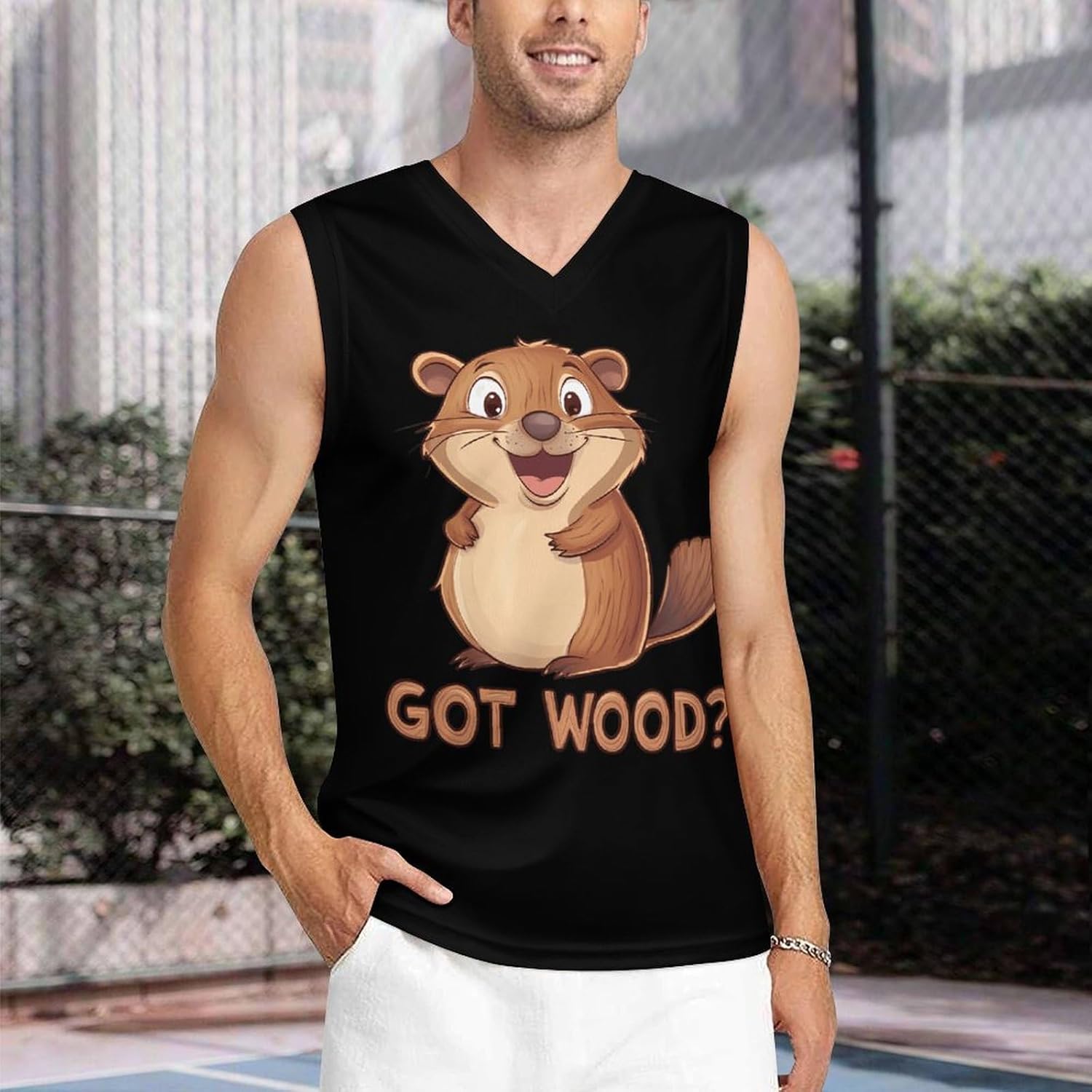 Beaver Got Wood Men's V-Neck Basketball Tank Top Sleeveless Workout Tank Shirts Gym Fitness Tees Vest