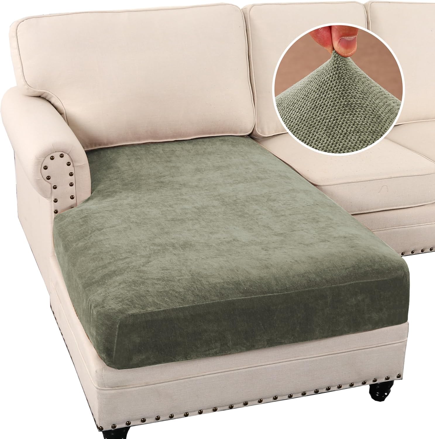 LINGKY Corner Sofa Covers Stretch Chenille Sofa Seat Cushion Covers for Sectional Sofa, Sofa Cushion Slipcovers for L Shaped Sofa, Couch Cushion Covers with Elastic Bottom (Olive Green,Chaise Cover)