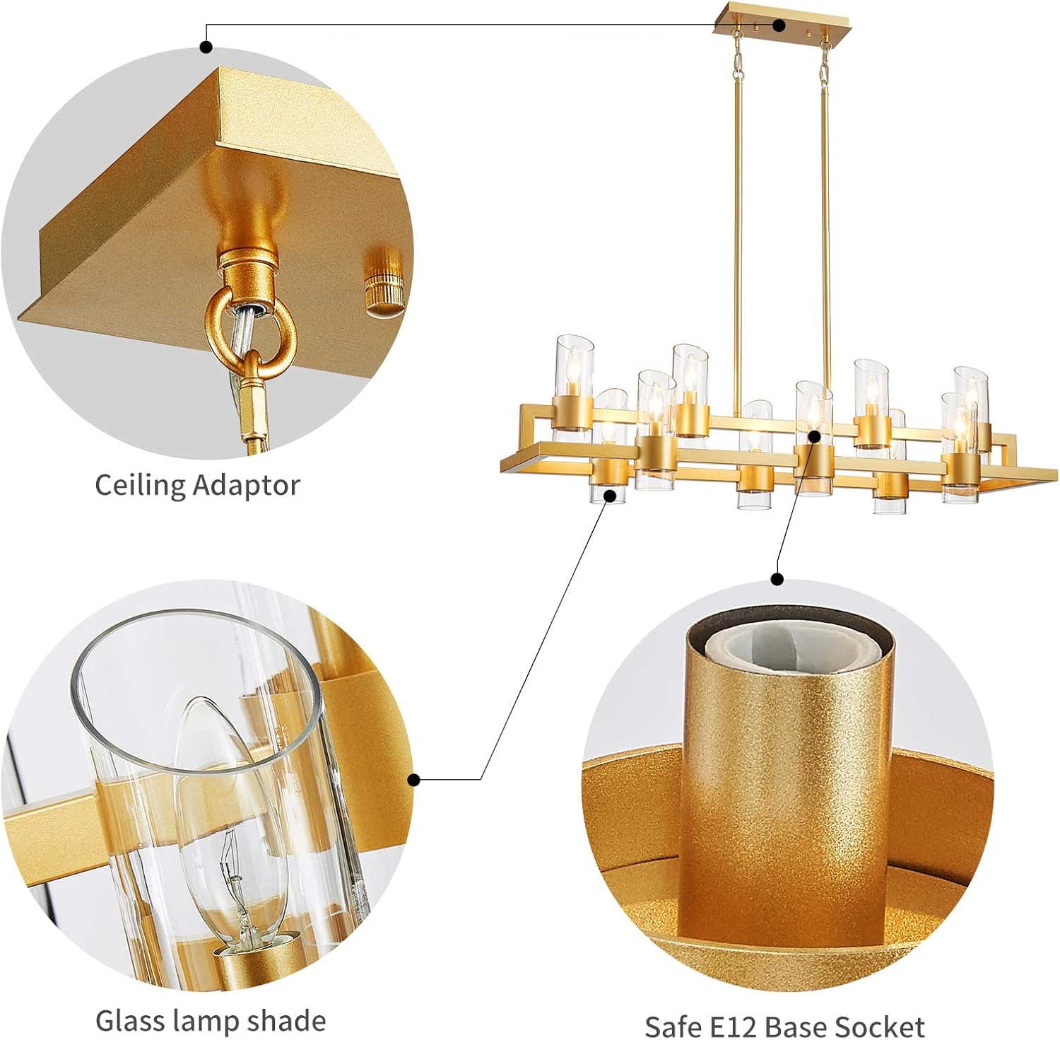 WUZUPS Island Rectangle Chandelier 10-Light with Clear Glass Industrial Modern Farmhouse Linear Light Fixture for Dining Room Kithen Island, Width 42.5" Height 10.4", Gold