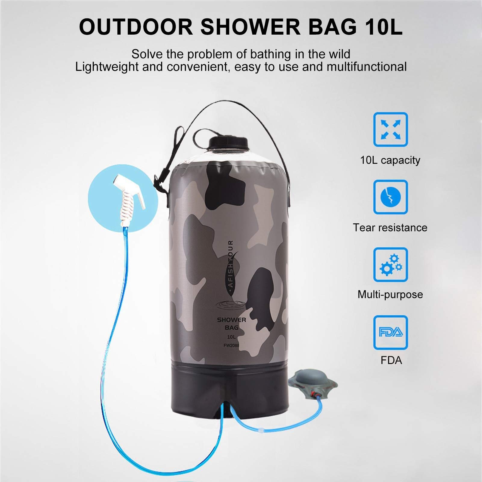 Bolsa de Ducha para Acampada de 10L, Bolsa de Ducha Solar Portátil con Fácil Control de Agua, Bomba de Aire Mejorada para Acampar Al Aire Libre (Ceniza)