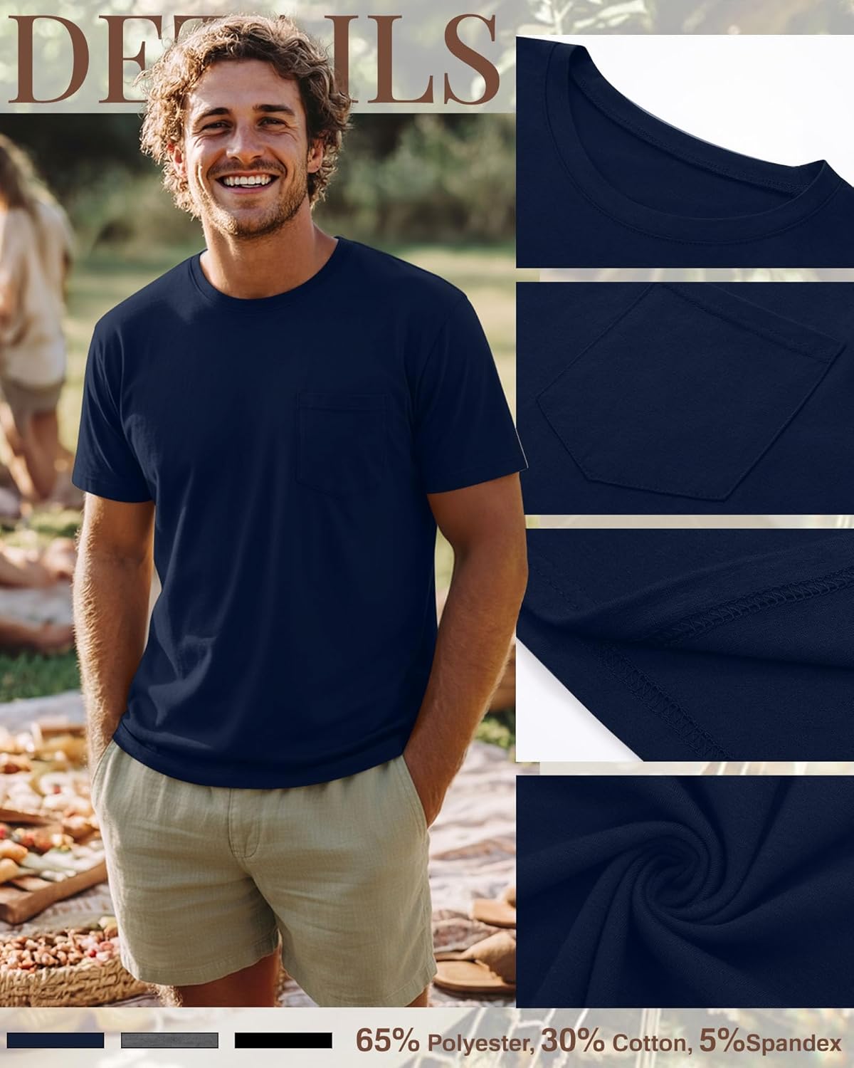 Ficerd 3 Pack Men's Big and Tall T Shirt, Short Sleeve Pocket Cotton Tee Crew Neck Lightweight Tops Solid Loose Fit Shirts(Black, Navy Blue, Dark Mixed Gray,X-Large) - Image 6