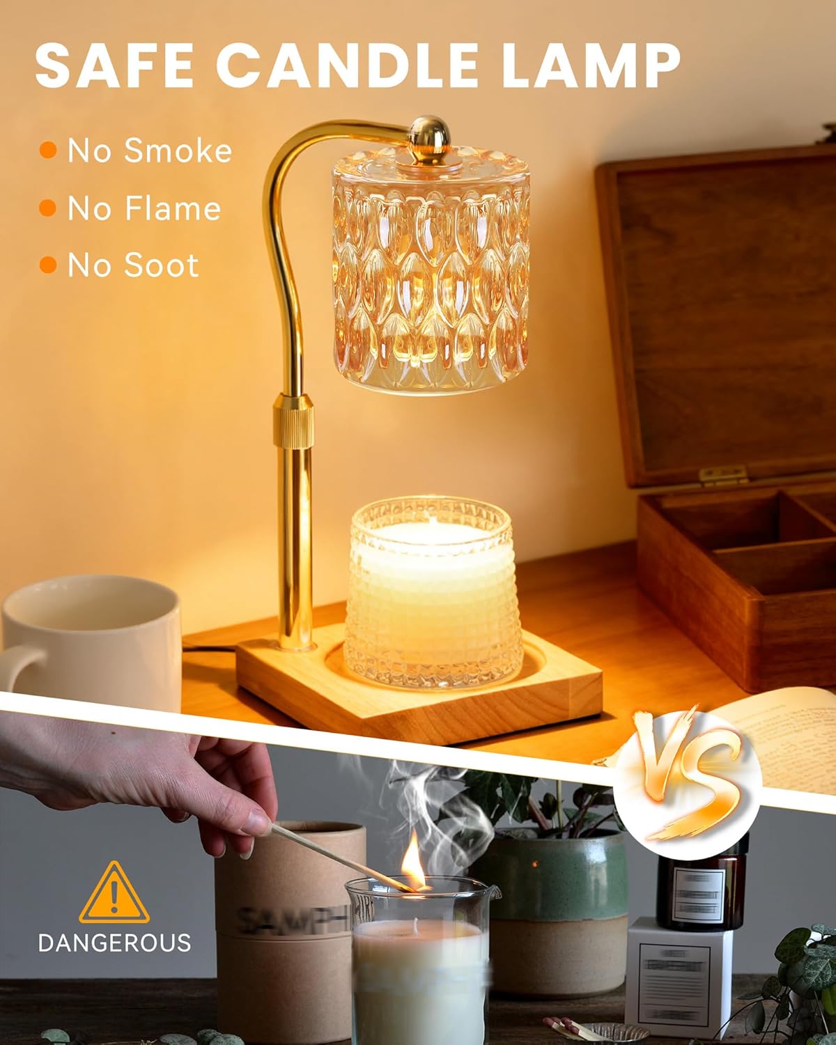 Candle Warmer Lamp Adjustable Height with Timer Dimmer, Dimmable Glass Wax Melt Warmer Light for Scented Jar, Present for Women Candle Lovers Christmas House Warming Home Decor Brithday, Amber - Image 3