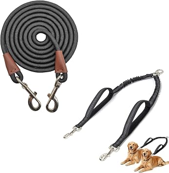 10FT Dog Tie Out Leash for 2 Large Dogs, Double Dog Leash No-Tangle 360 Swivel, Bungee Shock Absorption & 2 Padded Handles